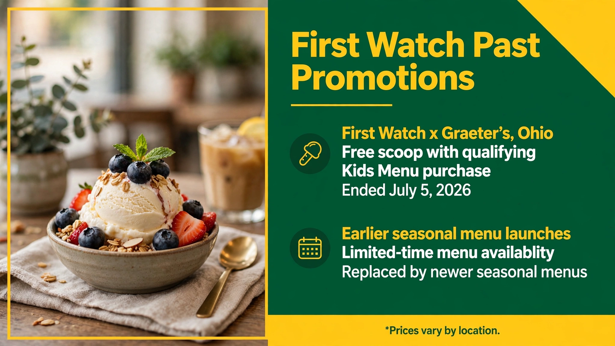First Watch past promotions infographic showing the Graeters free scoop offer and earlier seasonal menu launches