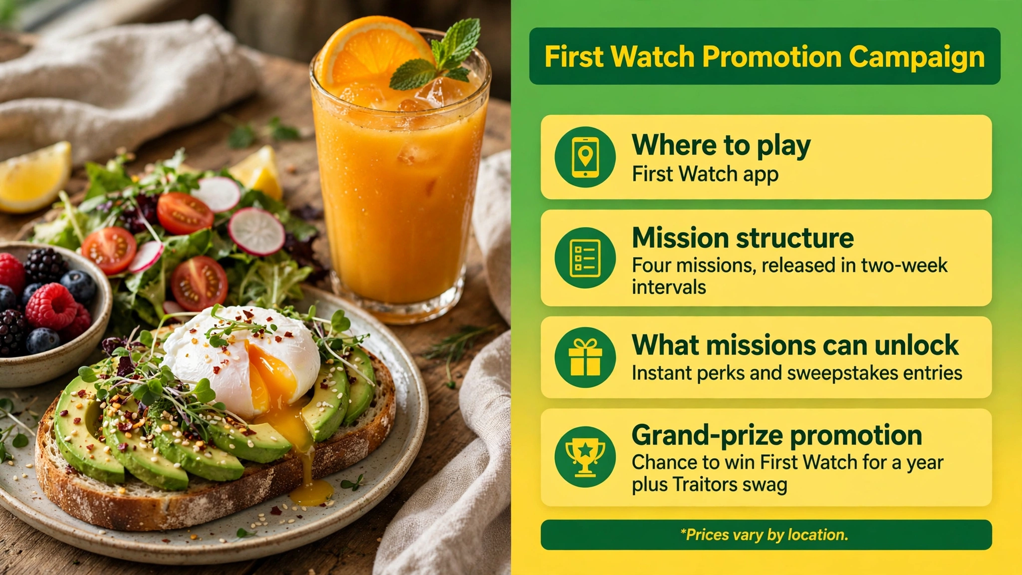 First Watch promotion campaign infographic showing app missions, perks, sweepstakes entries and grand prize
