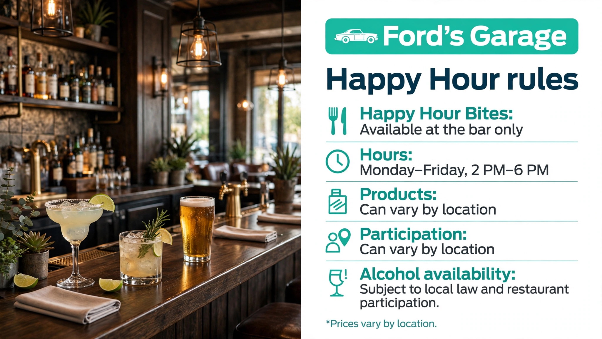 Ford's Garage Happy Hour rules infographic