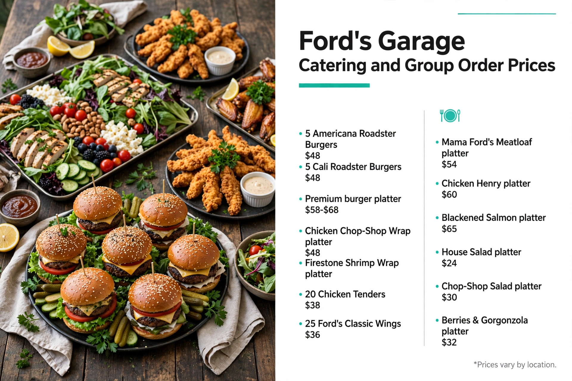 Fords Garage menu prices: Catering and Group Order Prices infographic
