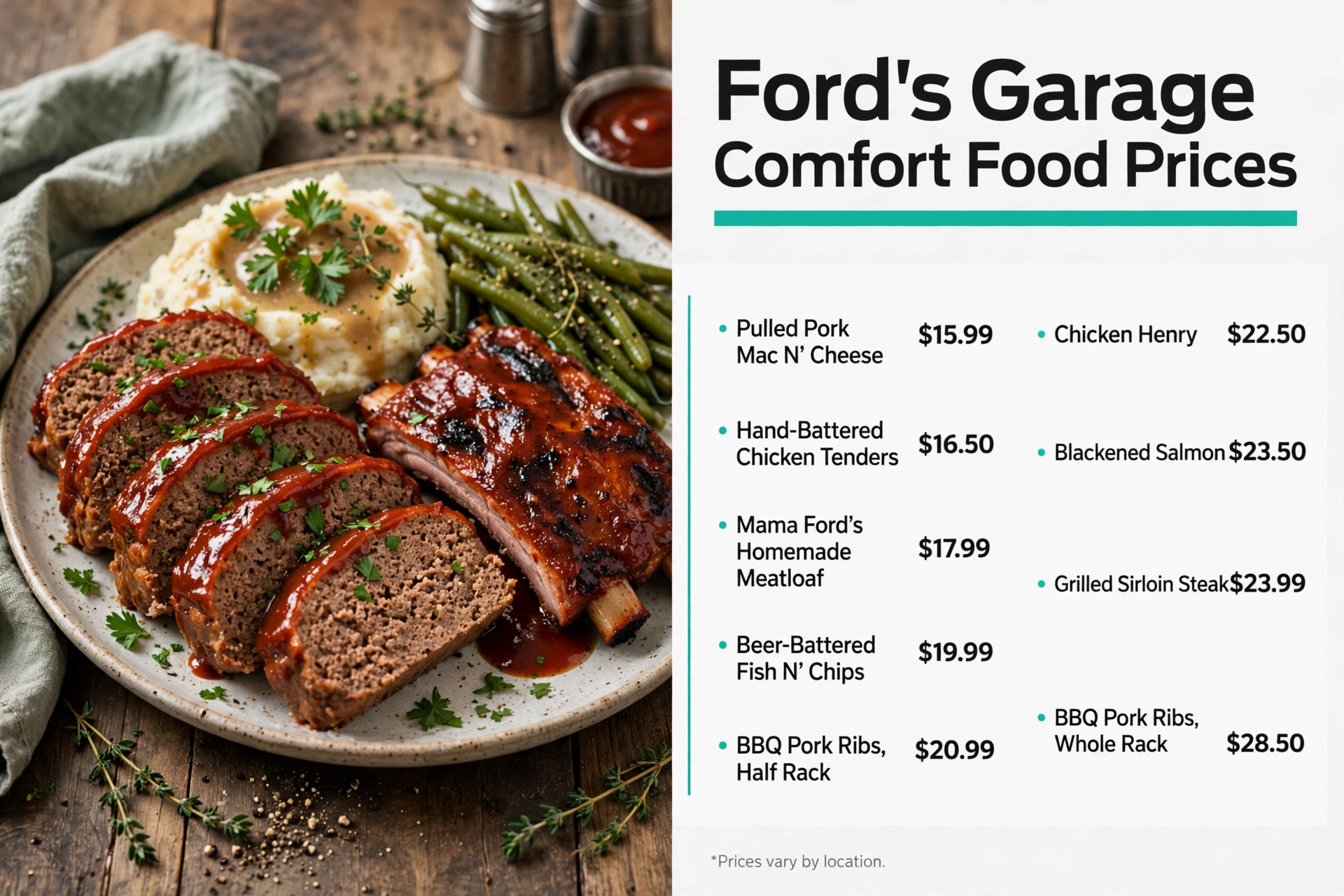 Fords Garage menu prices: Comfort Food Prices infographic