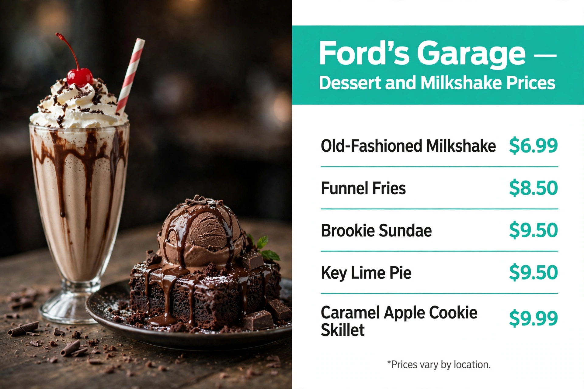 Fords Garage menu prices: Dessert and Milkshake Prices infographic