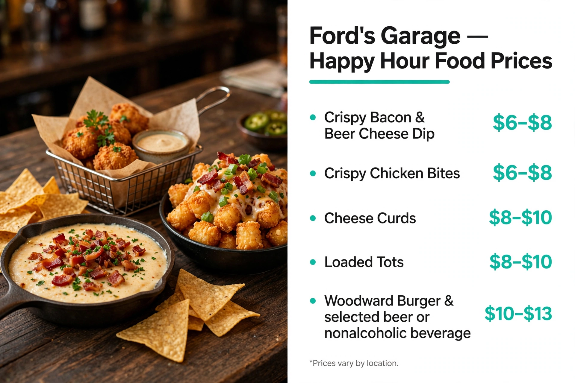 Fords Garage menu prices: Happy Hour Food Prices infographic