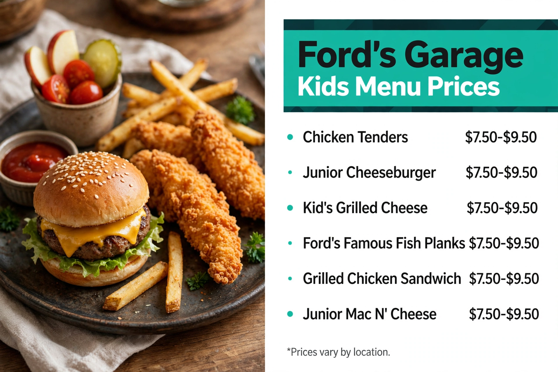 Fords Garage menu prices: Kids Menu Prices infographic