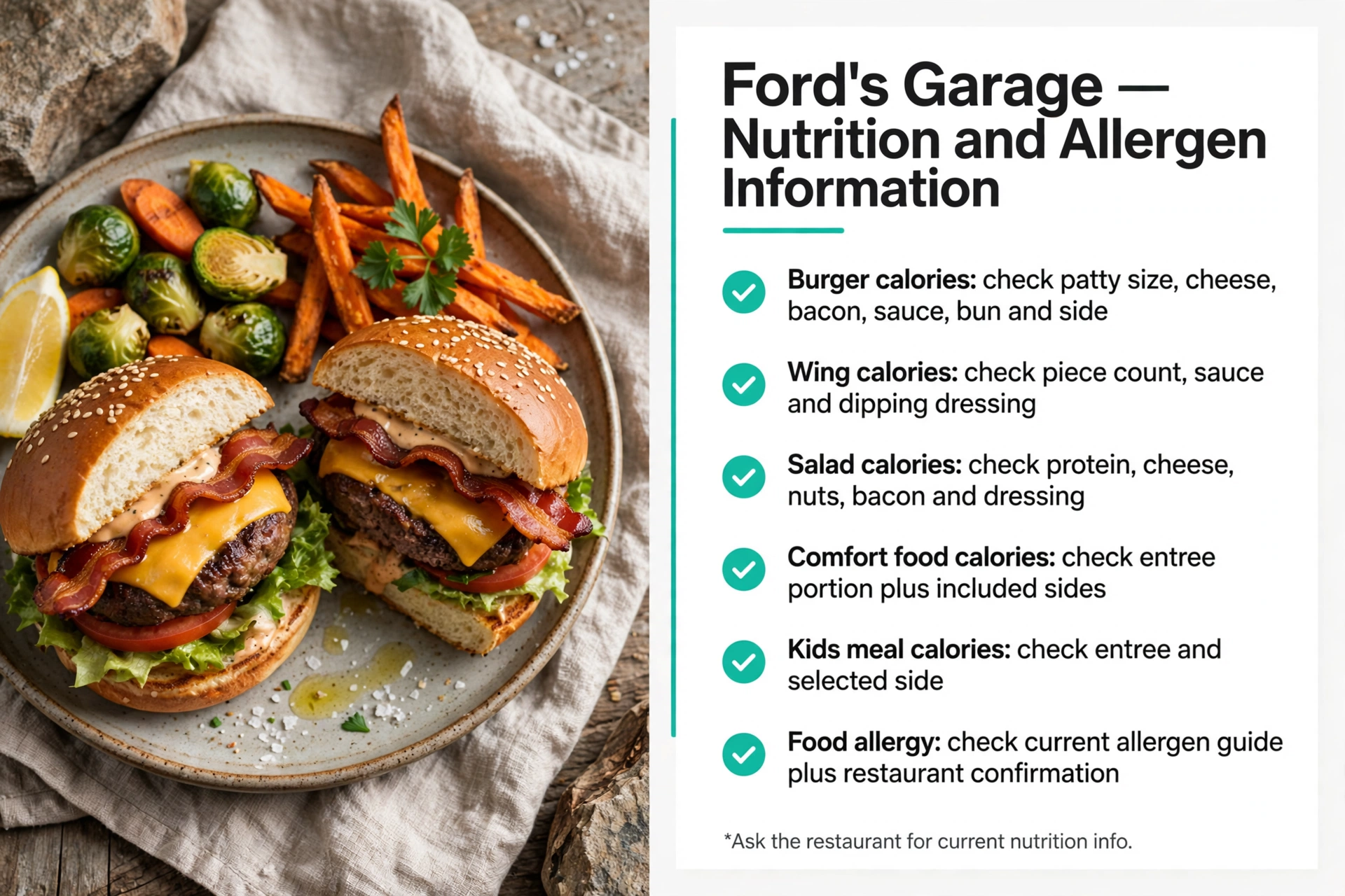 Fords Garage menu prices: Nutrition and Allergen Information infographic