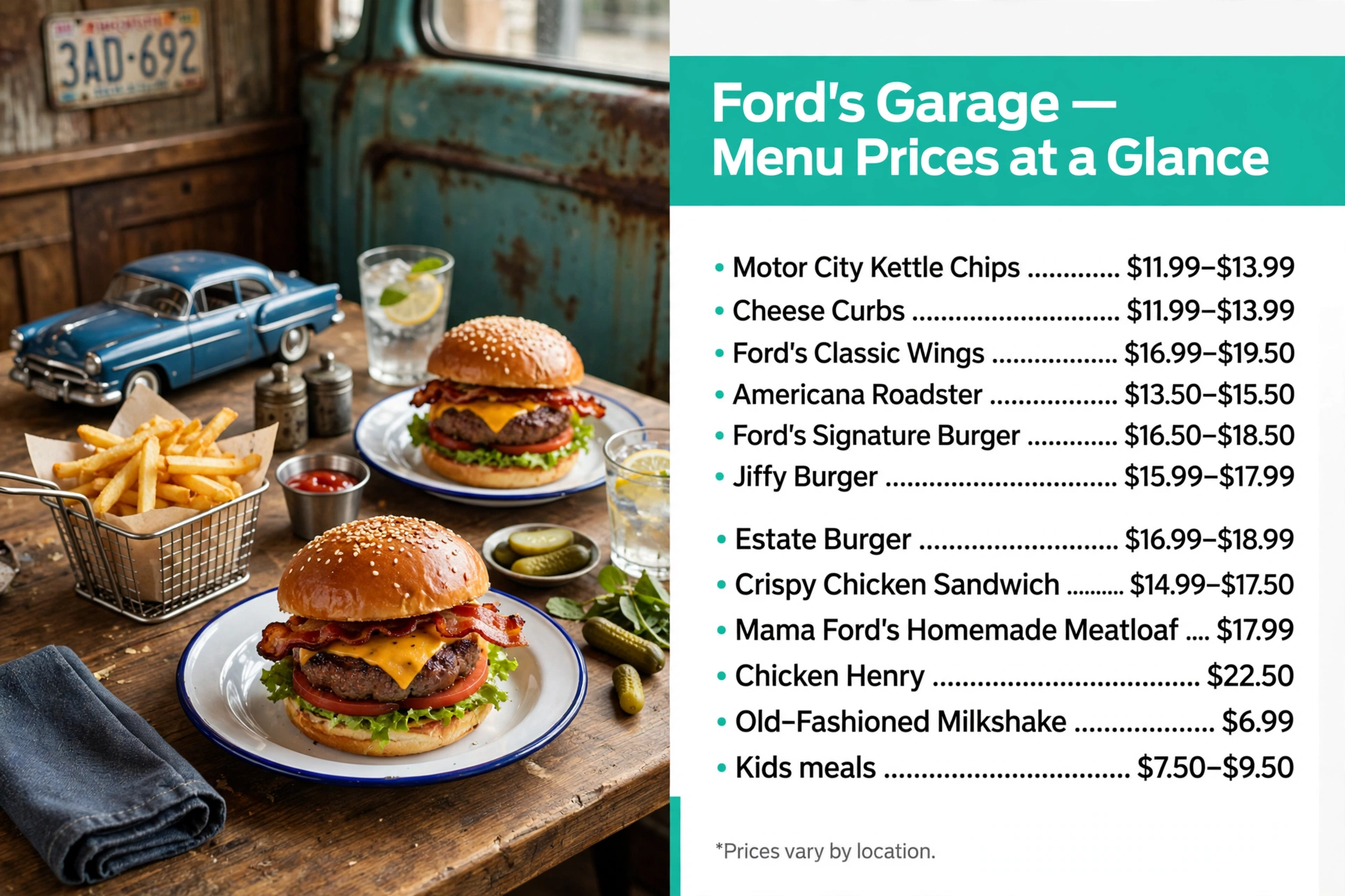 Fords Garage menu prices: Menu Prices at a Glance infographic