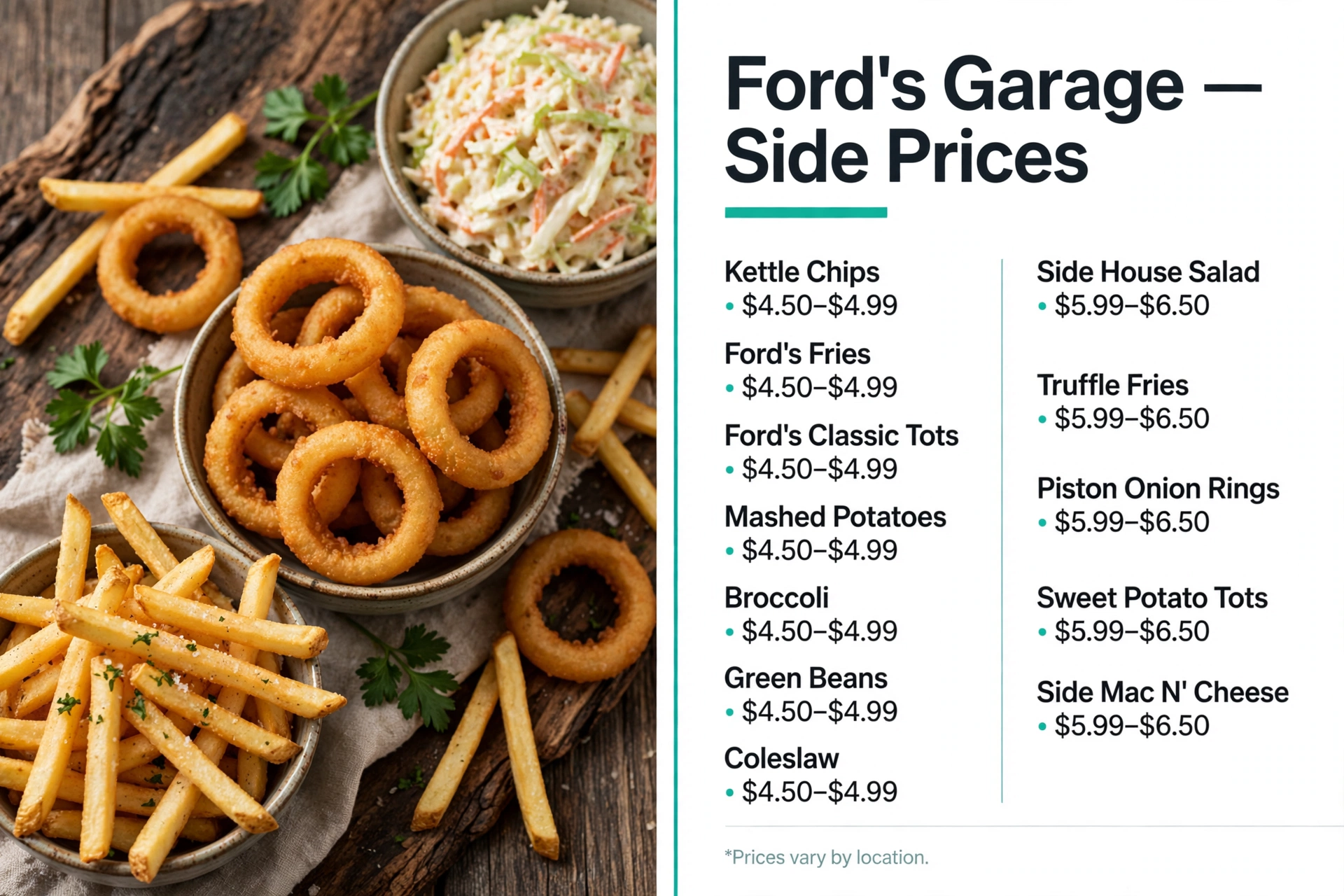 Fords Garage menu prices: Side Prices infographic