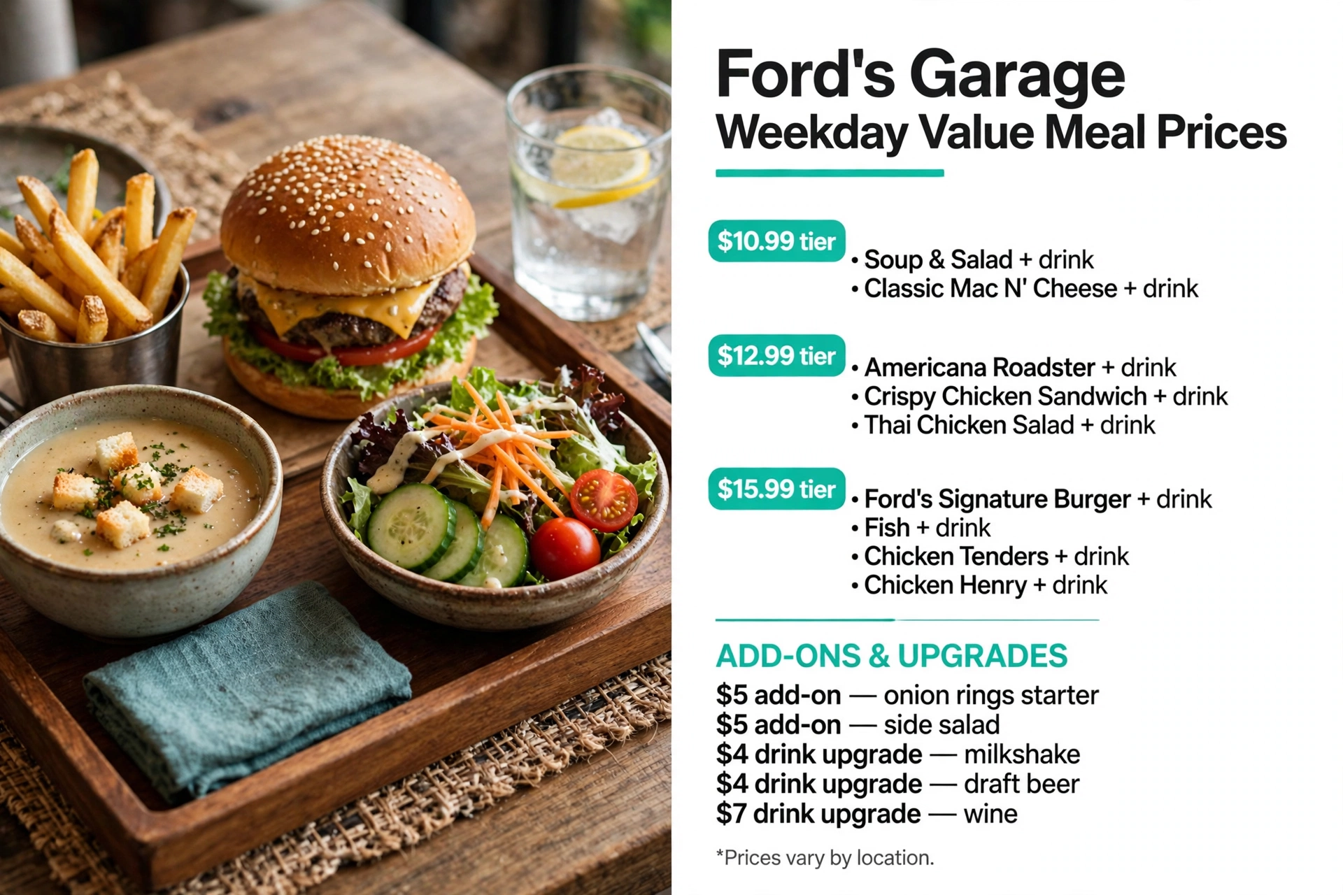 Fords Garage menu prices: Weekday Value Meal Prices infographic