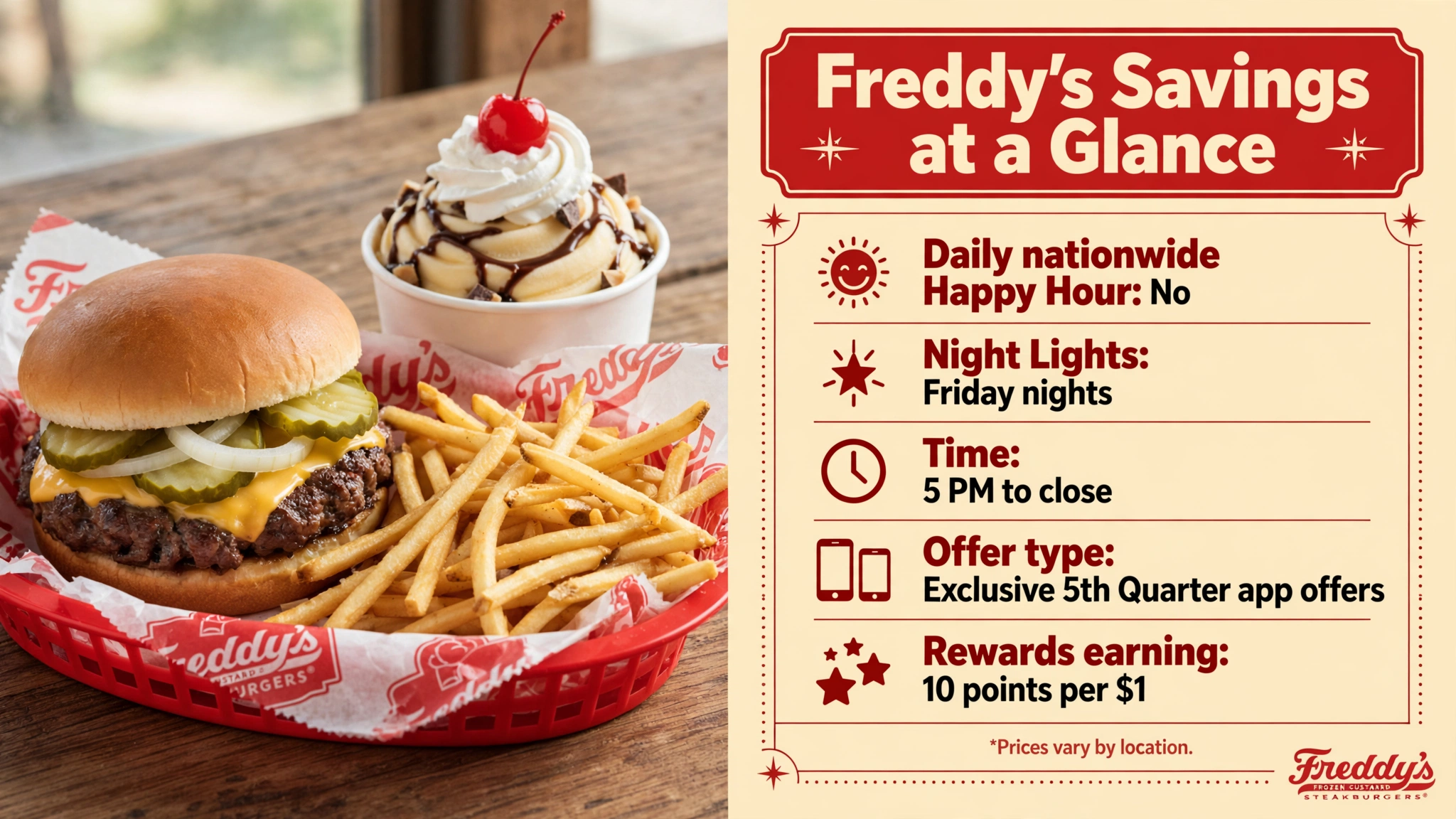 Freddy's Happy Hour savings at a glance infographic: no daily nationwide happy hour, Night Lights Friday nights 5 PM to close, exclusive 5th Quarter app offers, 10 rewards points per dollar