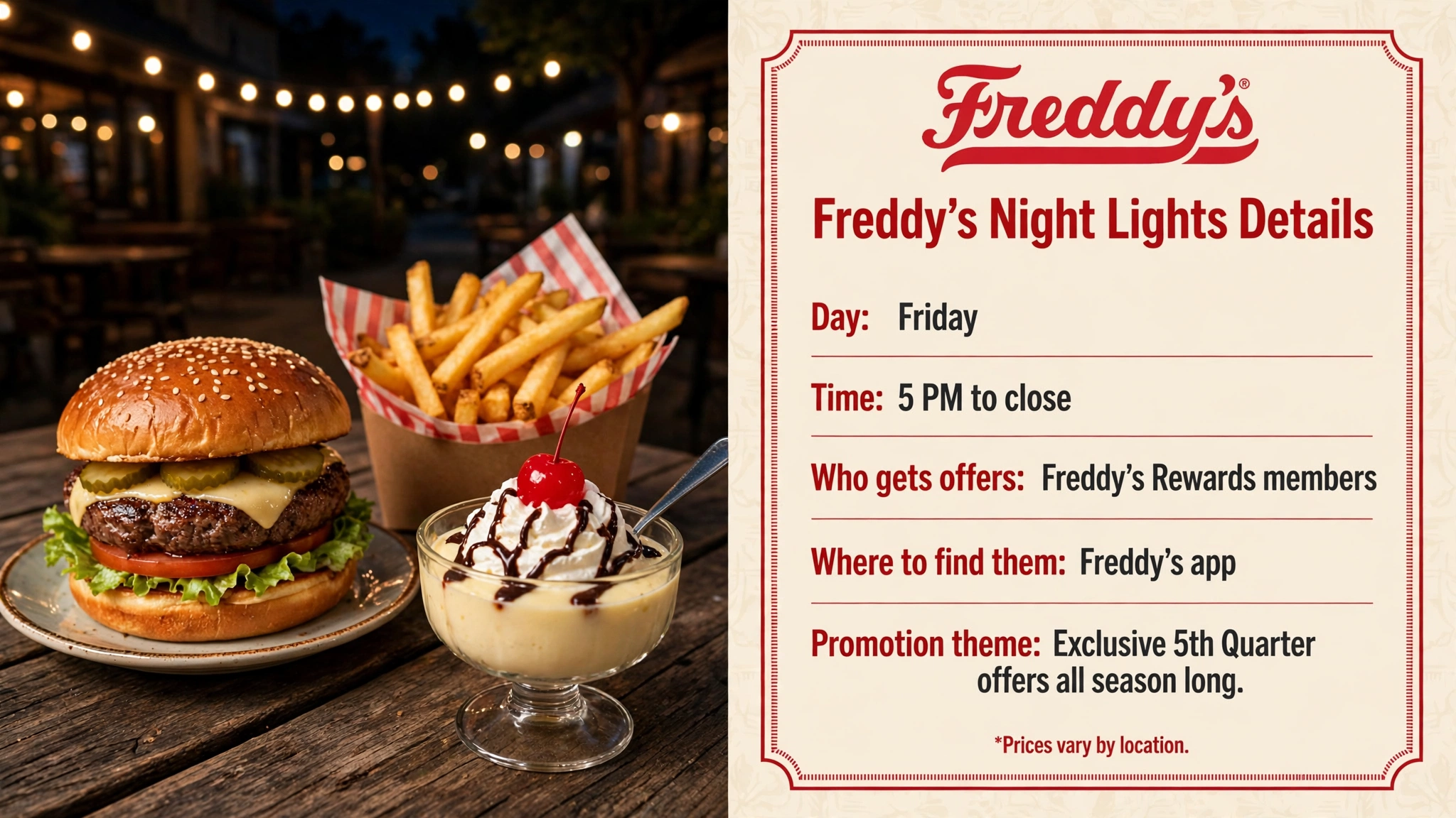 Freddy's Night Lights details infographic: Friday 5 PM to close, exclusive 5th Quarter offers all season for Rewards members in the Freddy's app