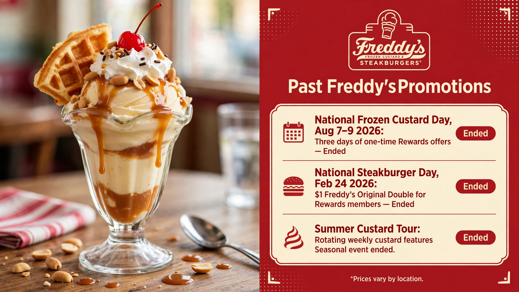 Past Freddy's promotions infographic: National Frozen Custard Day August 2026, National Steakburger Day February 2026 and Summer Custard Tour, all ended