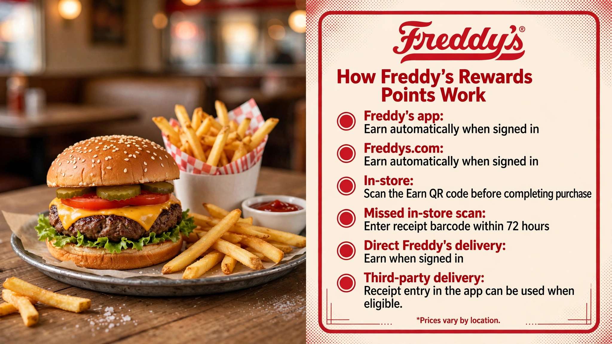 How Freddy's Rewards points work infographic: earn automatically in the app and online, scan the Earn QR code in-store, enter receipt barcodes within 72 hours
