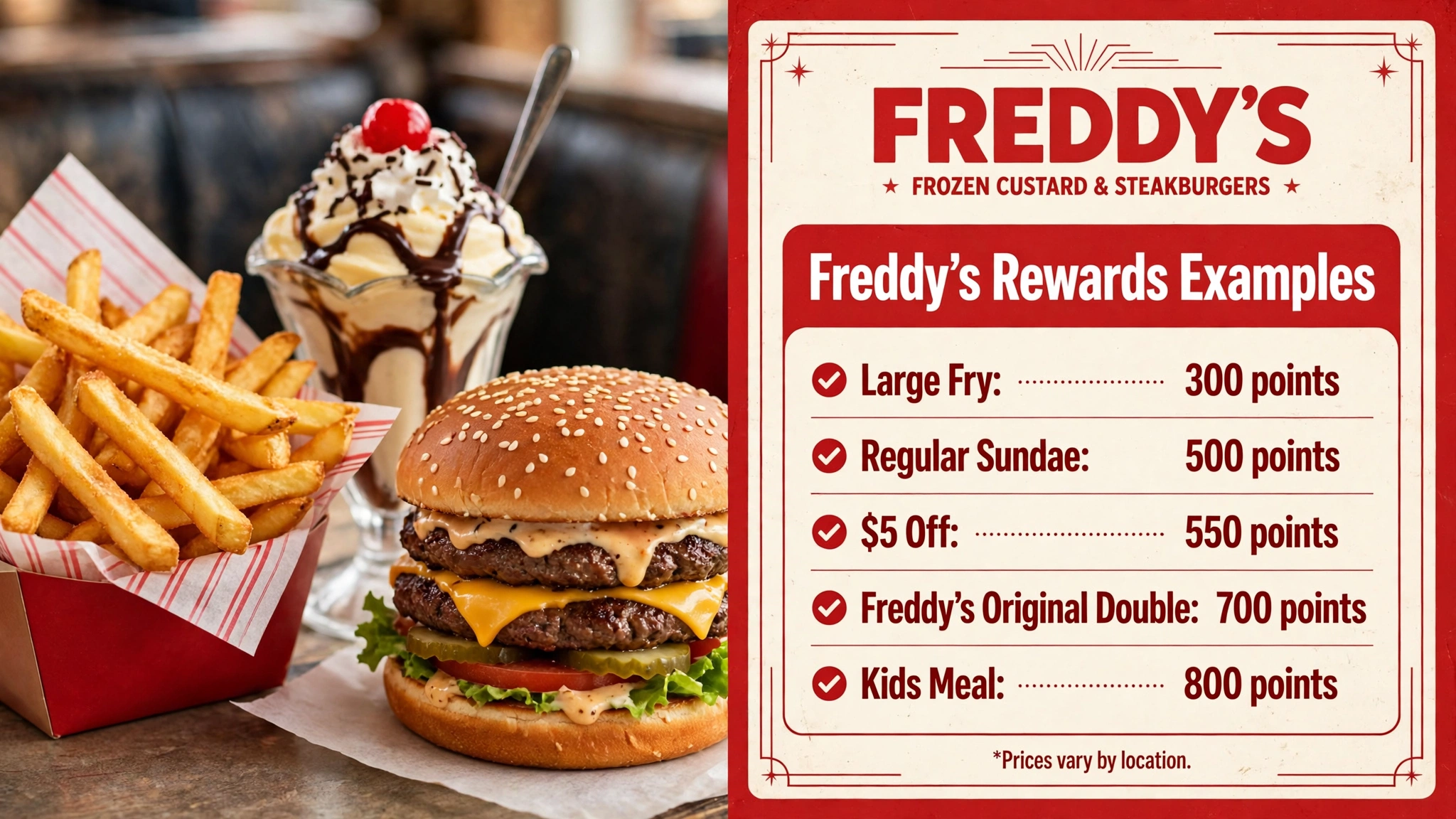 Freddy's Rewards examples infographic: large fry 300 points, regular sundae 500 points, $5 off 550 points, Original Double 700 points, kids meal 800 points