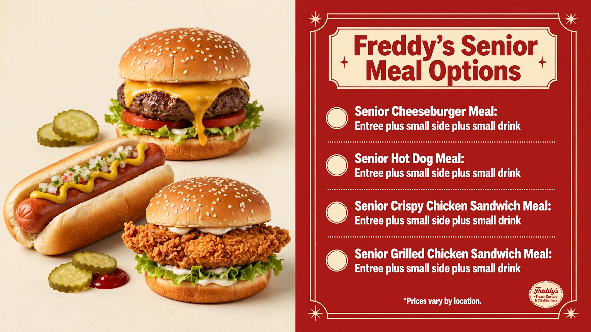 Freddy's senior meal options infographic: senior cheeseburger, hot dog, crispy chicken and grilled chicken sandwich meals with small side and small drink