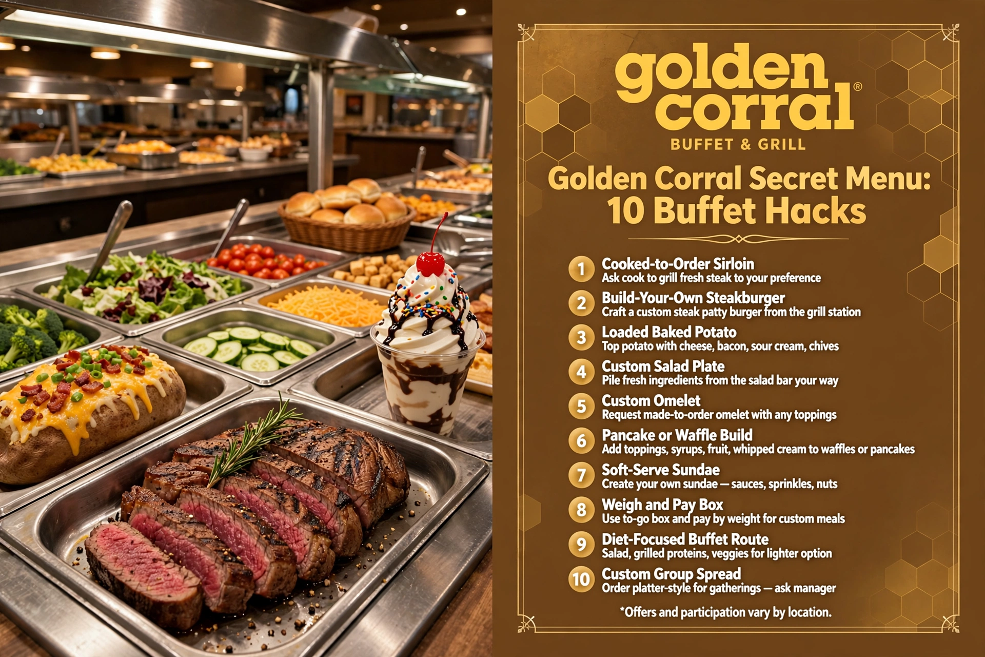 Golden Corral secret menu infographic: 10 buffet hacks including Cooked-to-Order Sirloin, Custom Omelet, and Soft-Serve Sundae