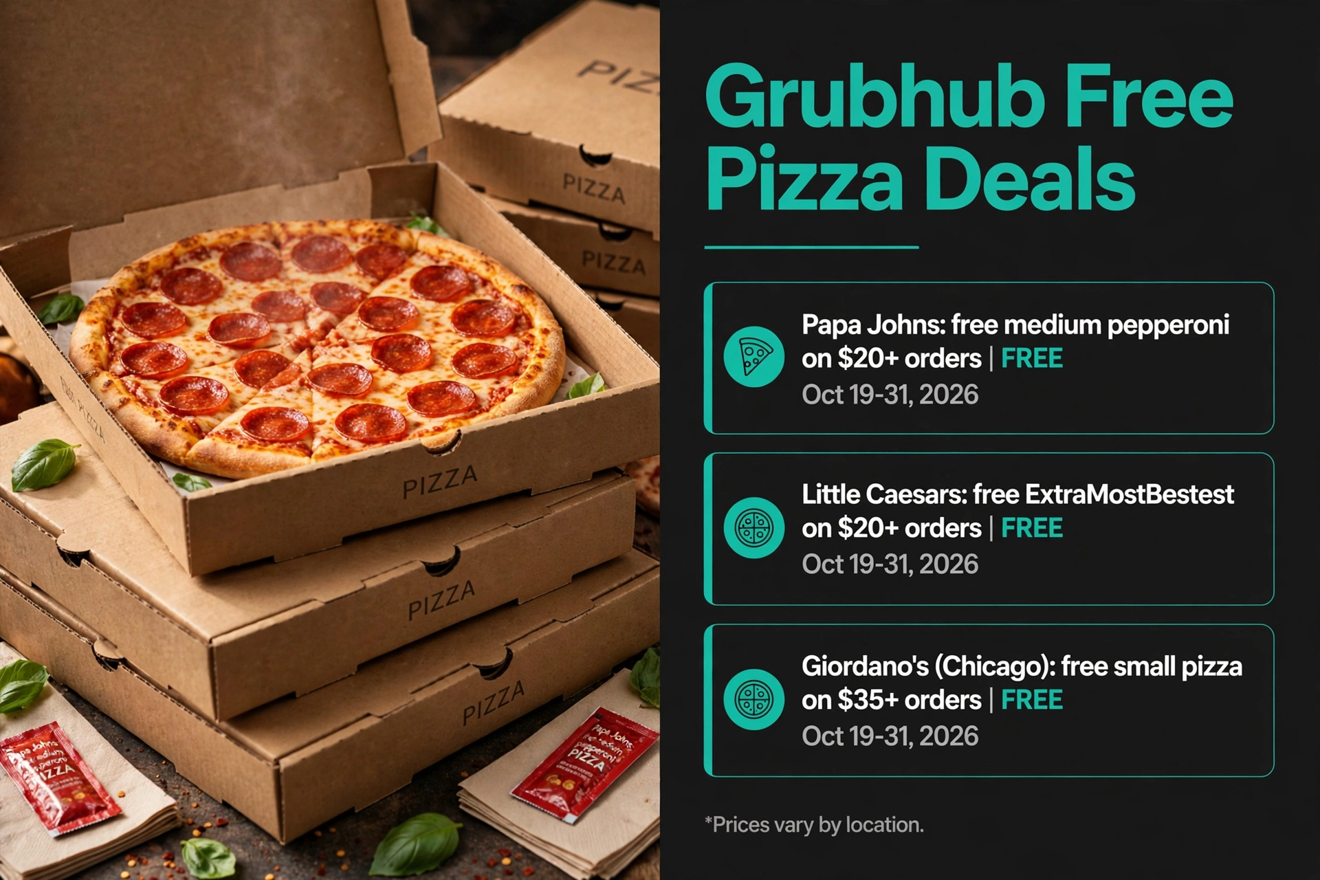 Grubhub free pizza deals: Papa Johns and Little Caesars October 2026 infographic