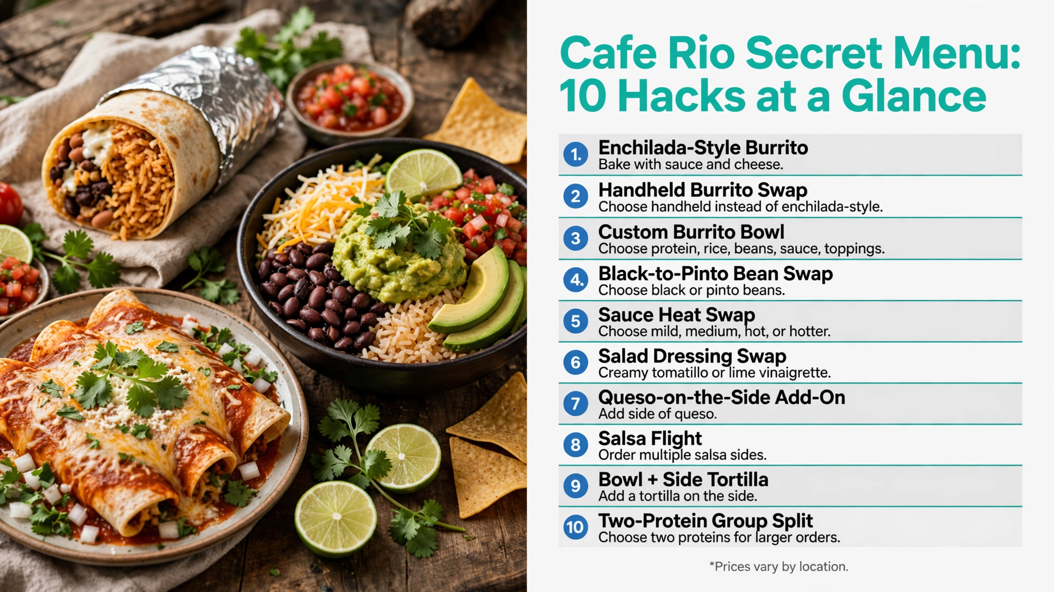 Infographic showing Cafe Rio Secret Menu: 10 Hacks & How to Order