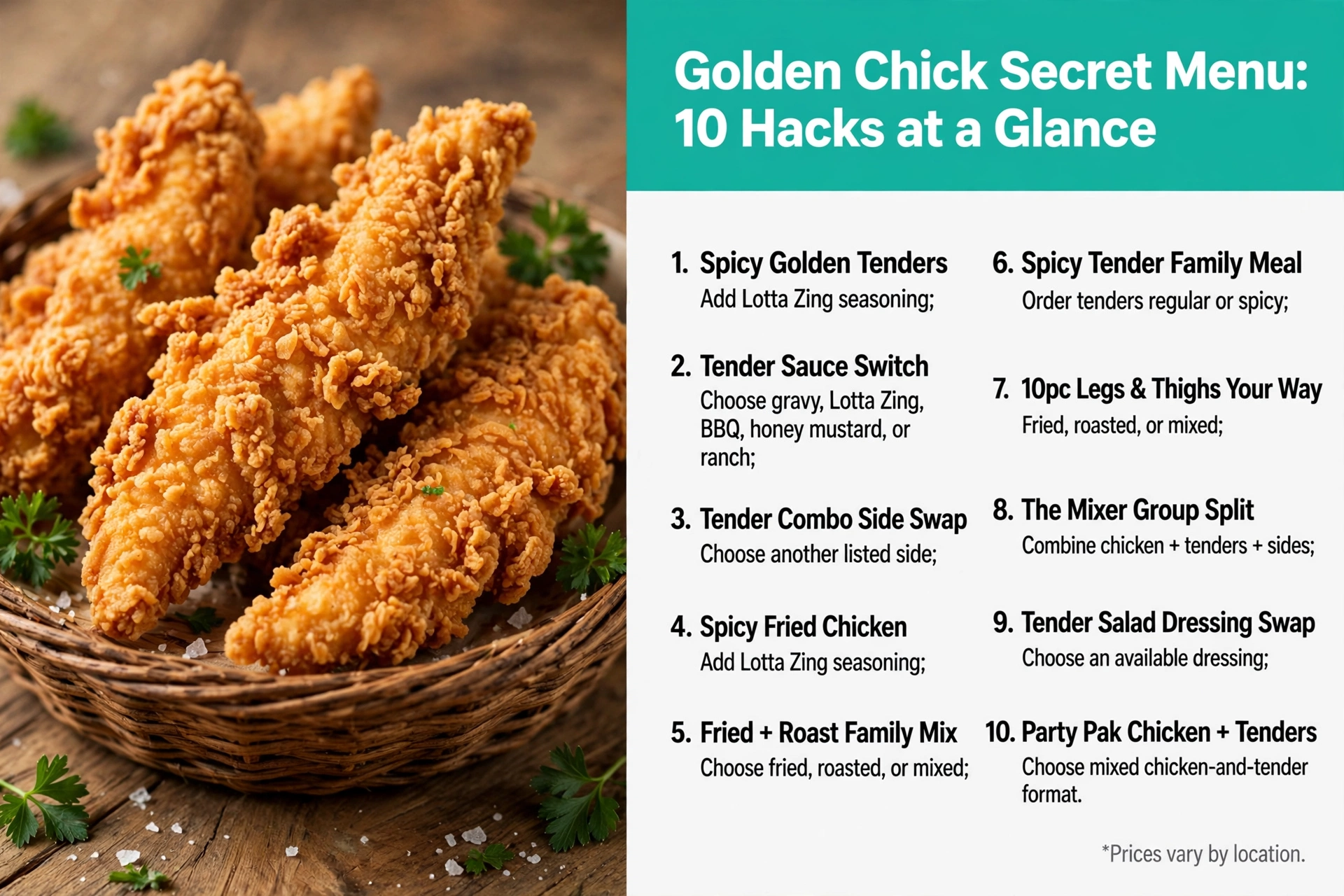 Infographic listing the 10 Golden Chick secret menu hacks and how to order them