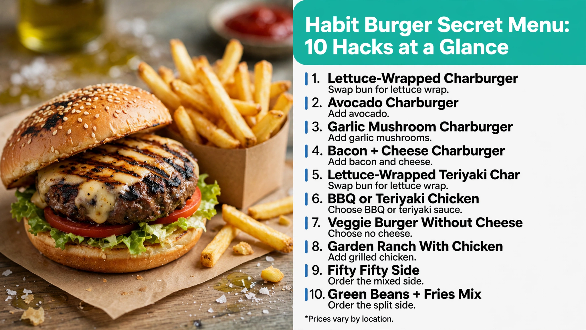 Habit Burger secret menu infographic: 10 burger and side hacks at a glance, including lettuce-wrapped Charburger, avocado and garlic mushroom add-ons, and Fifty Fifty sides