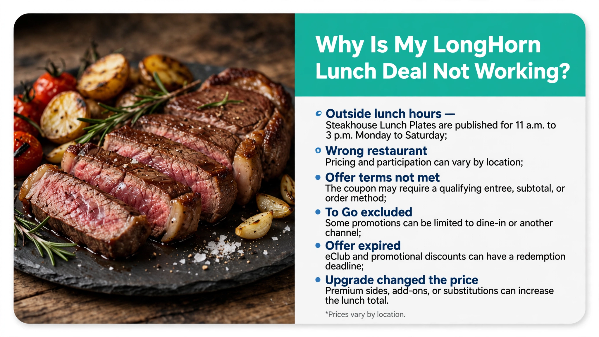 Infographic troubleshooting why a LongHorn lunch deal or coupon is not working