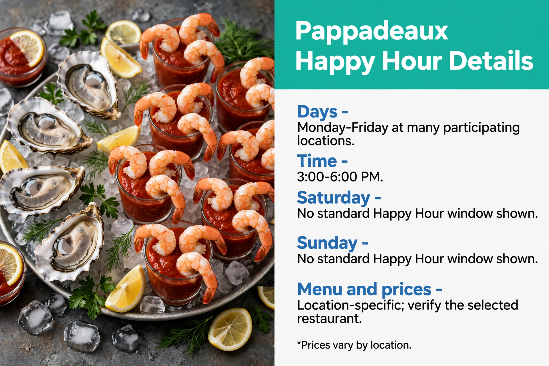 Infographic: Pappadeaux Happy Hour details - days, 3-6 PM time, weekend status and location-specific menus