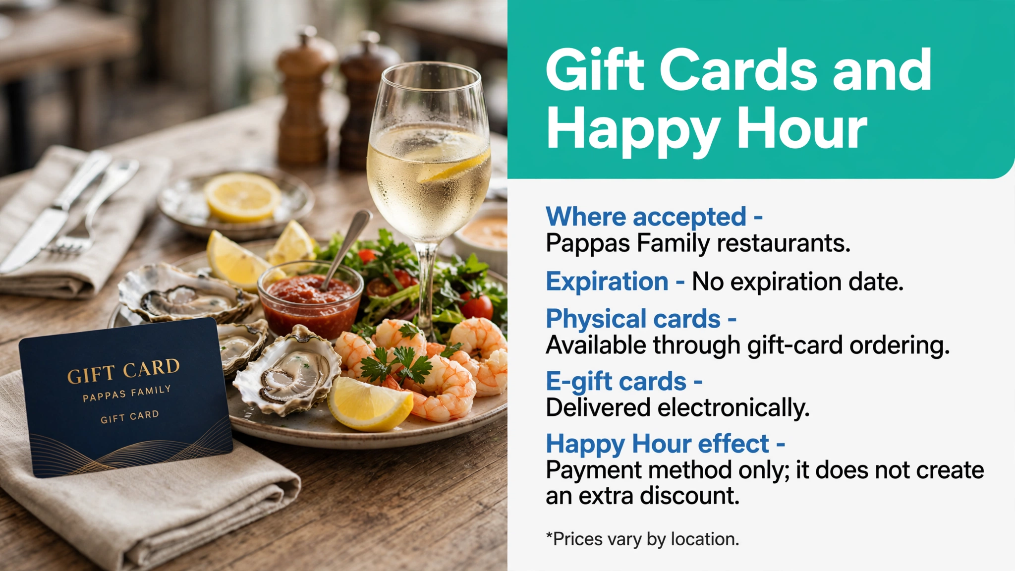 Infographic: Pappadeaux gift cards and happy hour - where accepted and no expiration