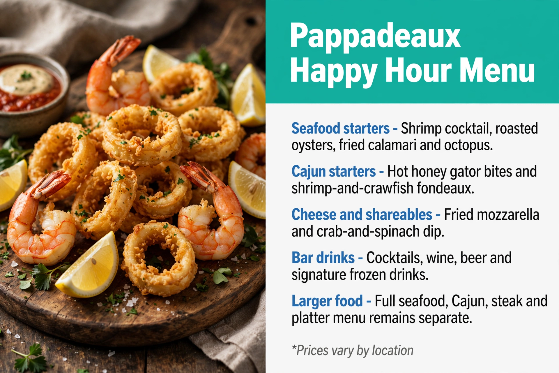Infographic: Pappadeaux Happy Hour menu - seafood starters, Cajun starters, shareables and bar drinks
