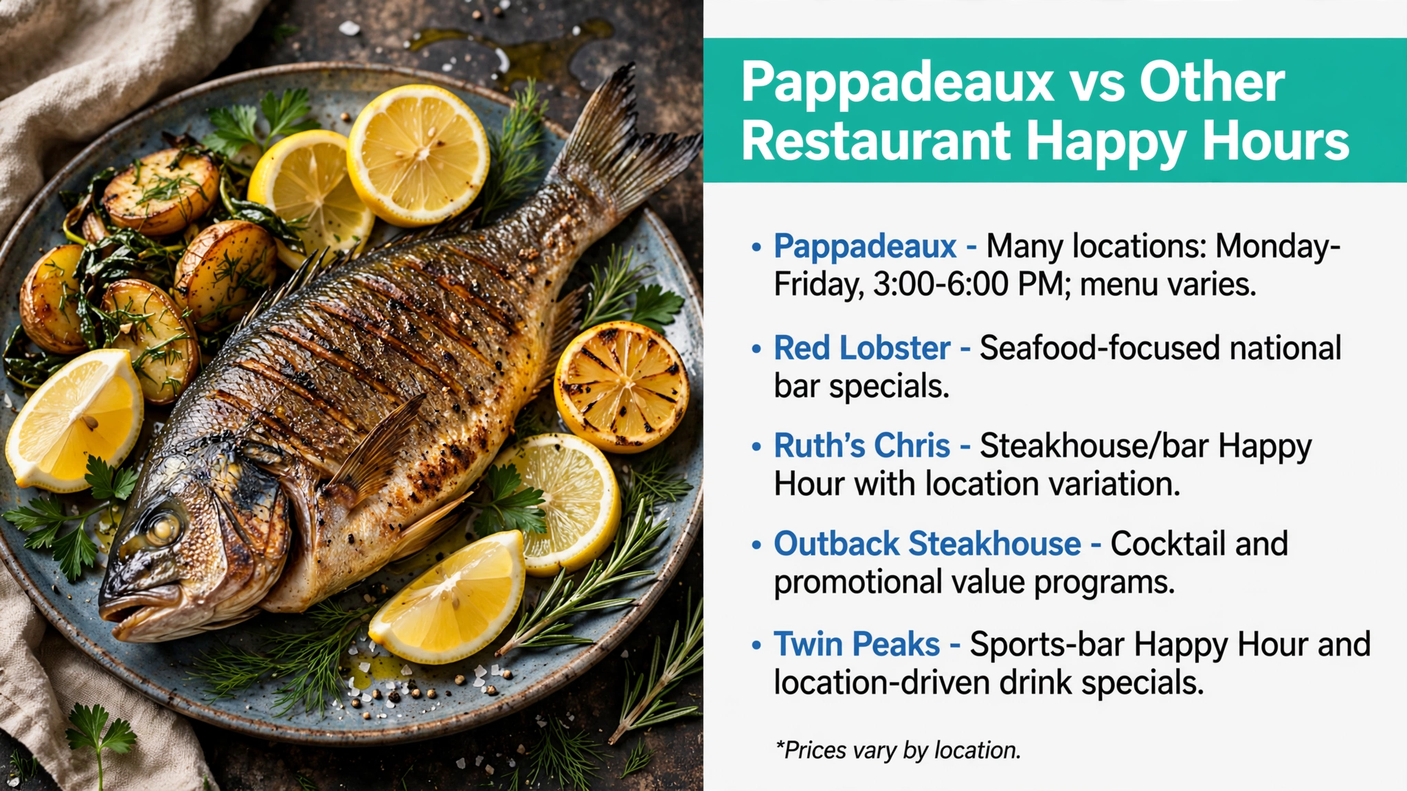 Infographic: Pappadeaux vs other restaurant happy hours - Red Lobster, Ruth's Chris, Outback Steakhouse, Twin Peaks