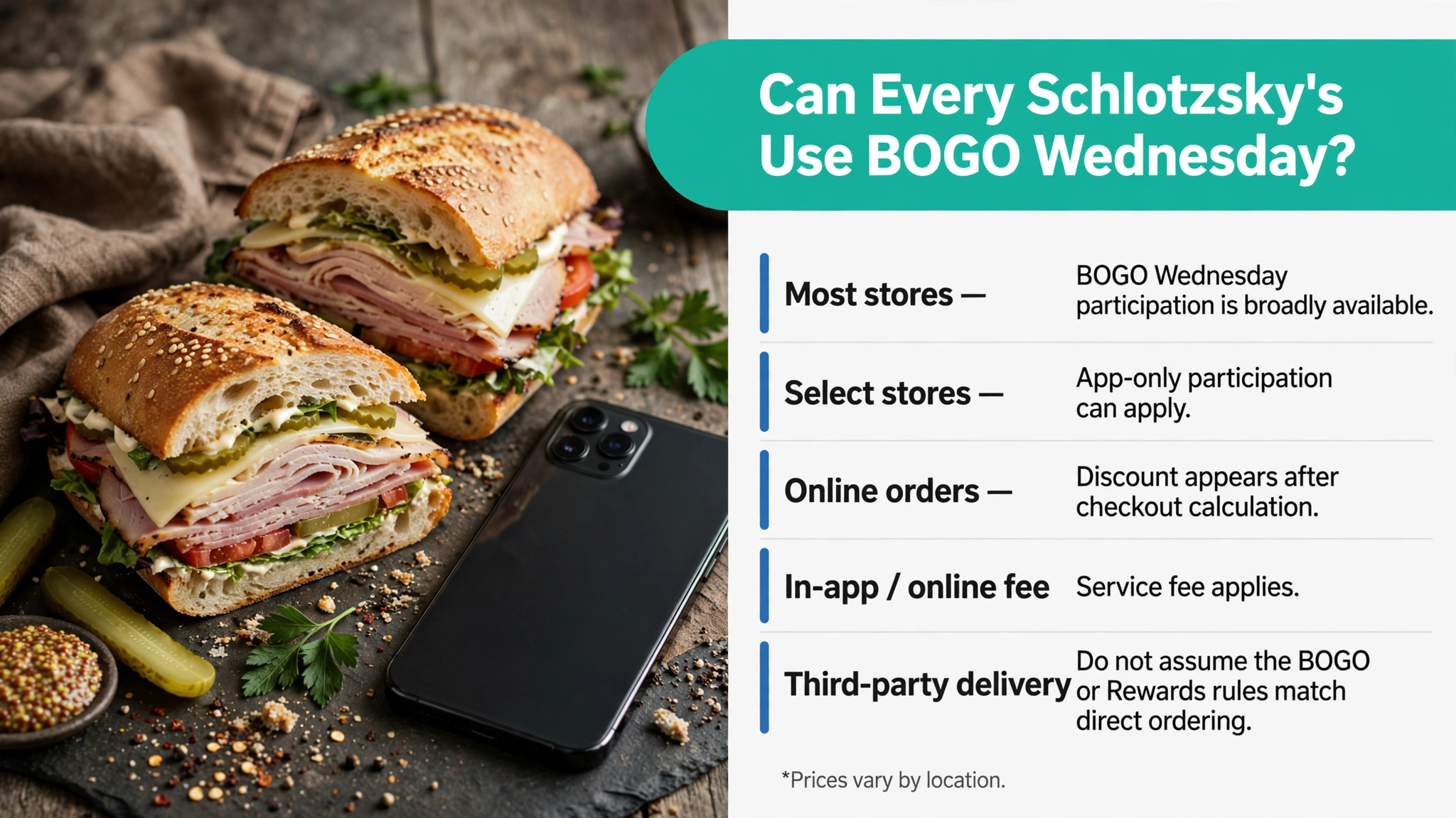 Schlotzsky's BOGO Wednesday participation infographic: store availability and online ordering