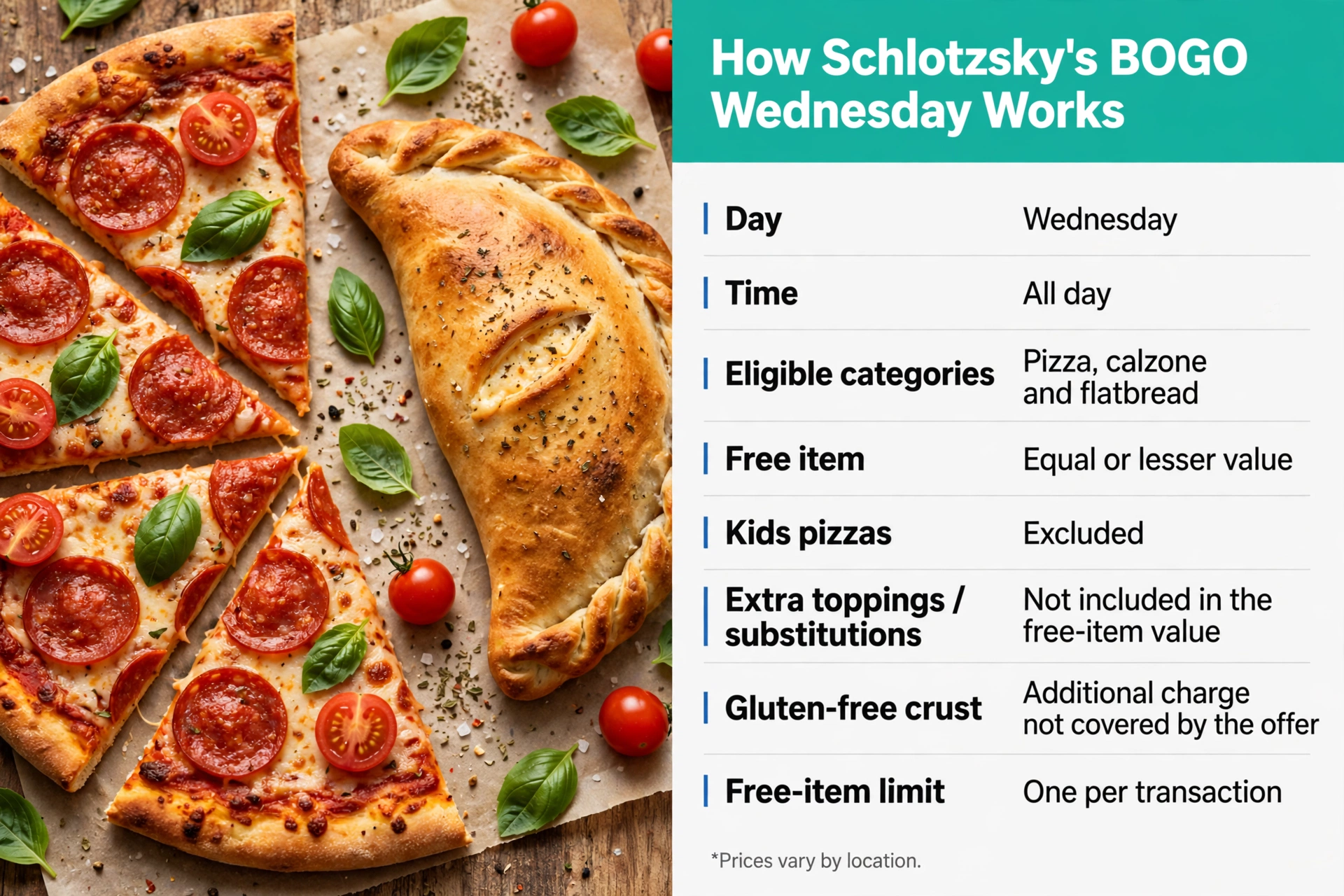How Schlotzsky's BOGO Wednesday works infographic: pizza, calzone and flatbread, one free item per transaction