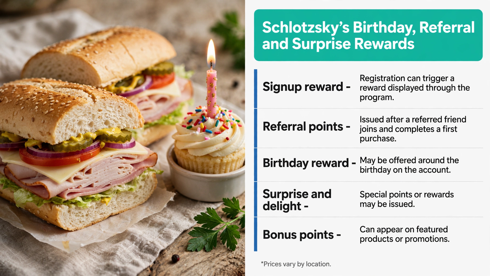 Schlotzsky's birthday, referral and surprise rewards infographic