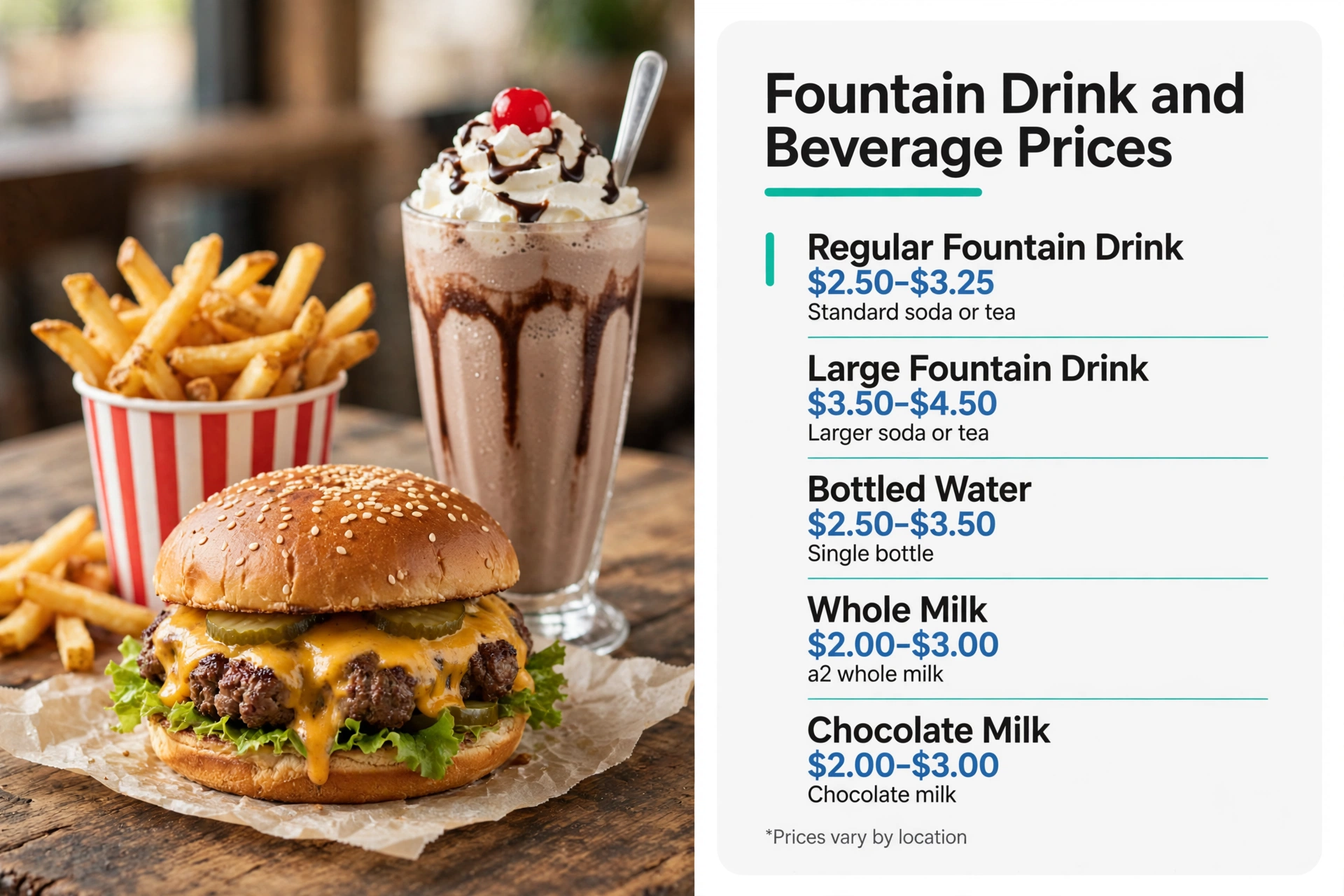 Steak n Shake fountain drink and beverage prices infographic: Regular Fountain Drink $2.50-$3.25, Large Fountain Drink $3.50-$4.50, Bottled Water $2.50-$3.50, Whole Milk $2.00-$3.00, Chocolate Milk $2.00-$3.00