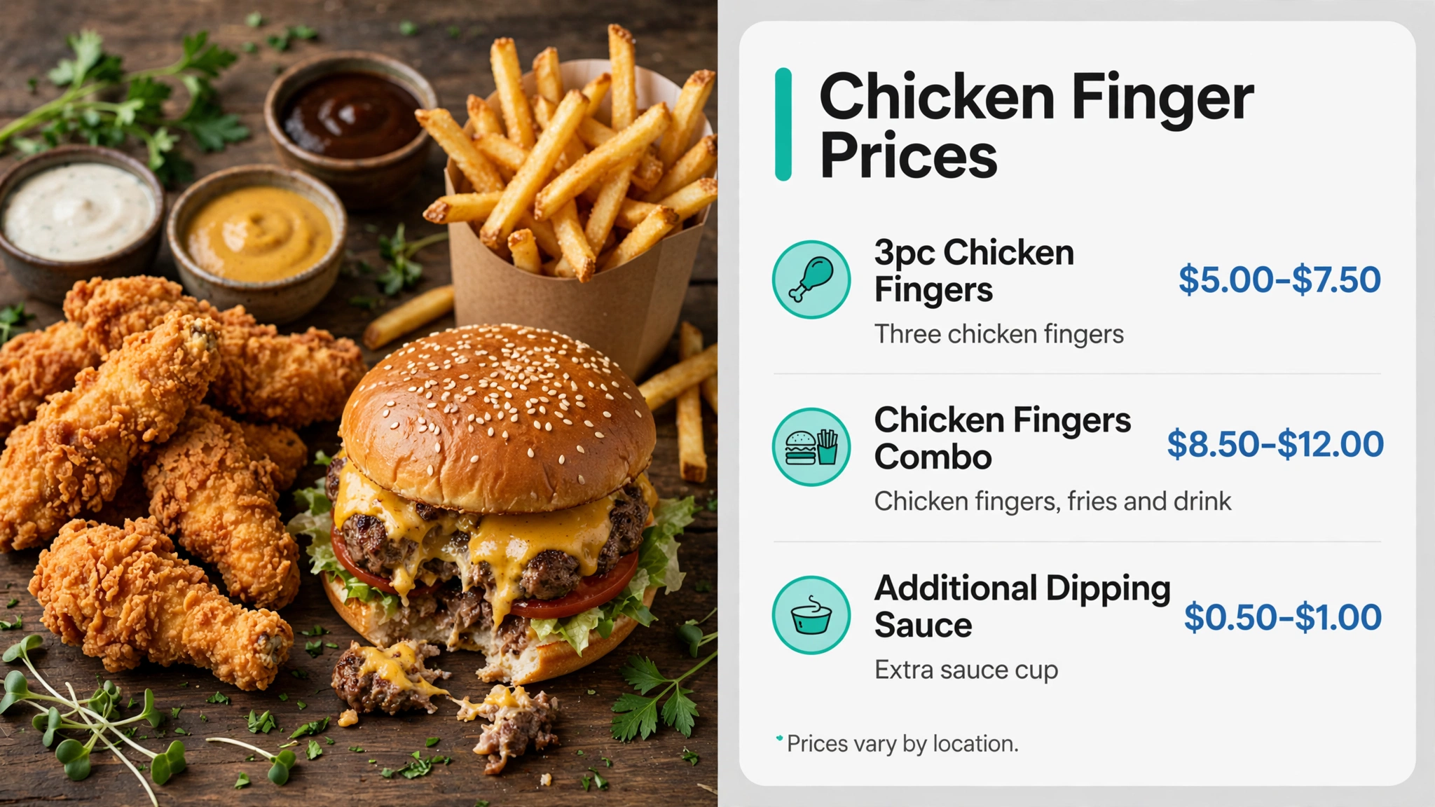 Steak n Shake Chicken Finger Prices infographic: 3pc Chicken Fingers $5.00-$7.50, Chicken Fingers Combo $8.50-$12.00, Additional Dipping Sauce $0.50-$1.00. Prices vary by location.