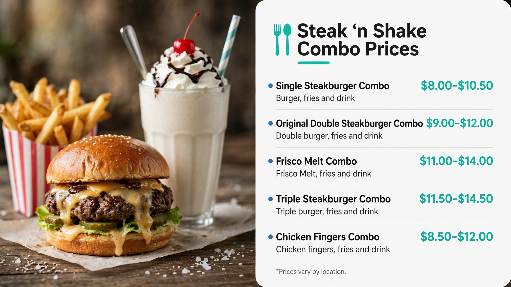 Steak n Shake combo prices infographic, listing Single Steakburger Combo $8.00-$10.50, Frisco Melt Combo $11.00-$14.00, Triple Steakburger Combo and Chicken Fingers Combo
