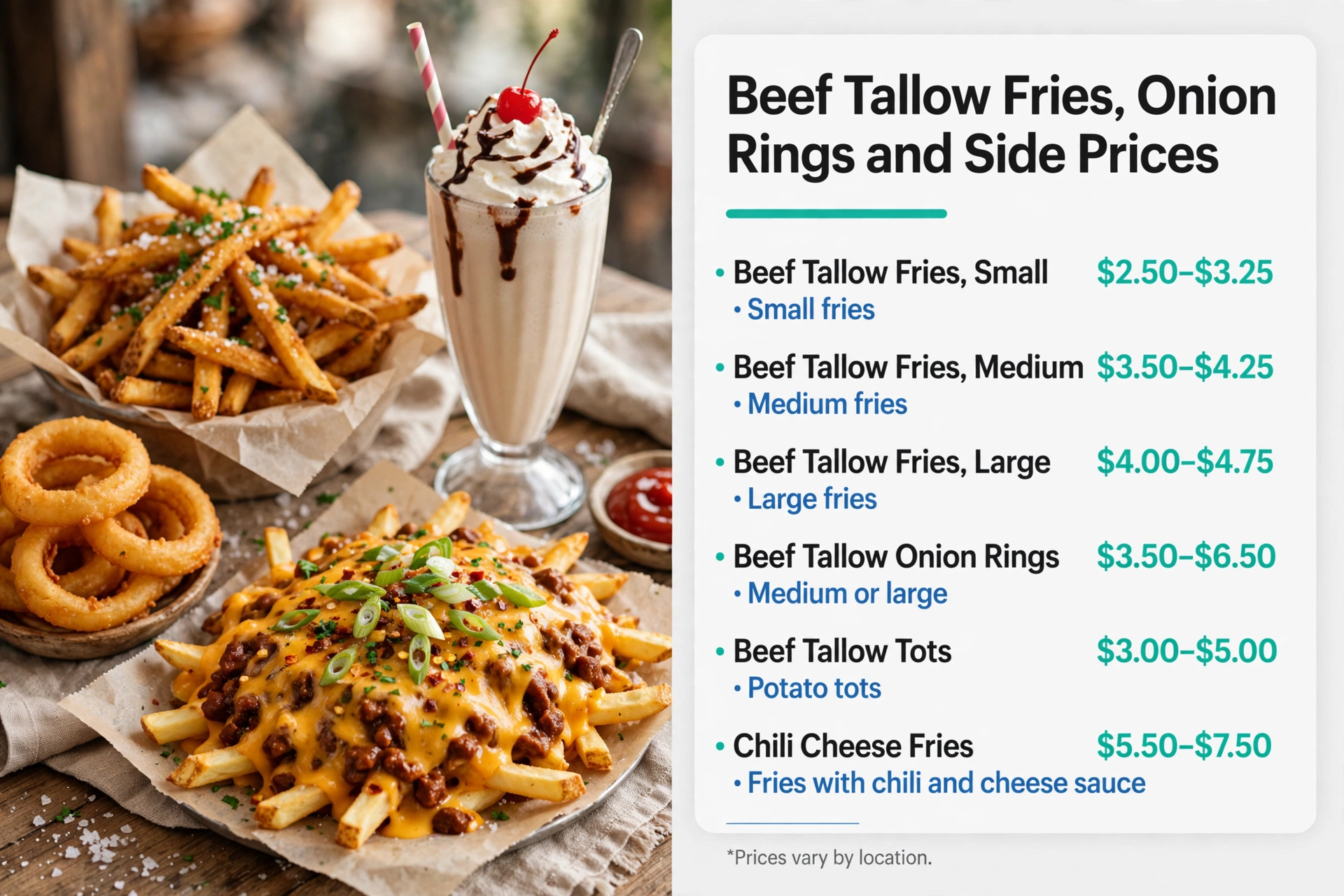 Steak n Shake Beef Tallow Fries, Onion Rings and Side Prices infographic: Small Fries $2.50-$3.25, Medium Fries $3.50-$4.25, Large Fries $4.00-$4.75, Onion Rings $3.50-$6.50, Tots $3.00-$5.00, Chili Cheese Fries $5.50-$7.50. Prices vary by location.