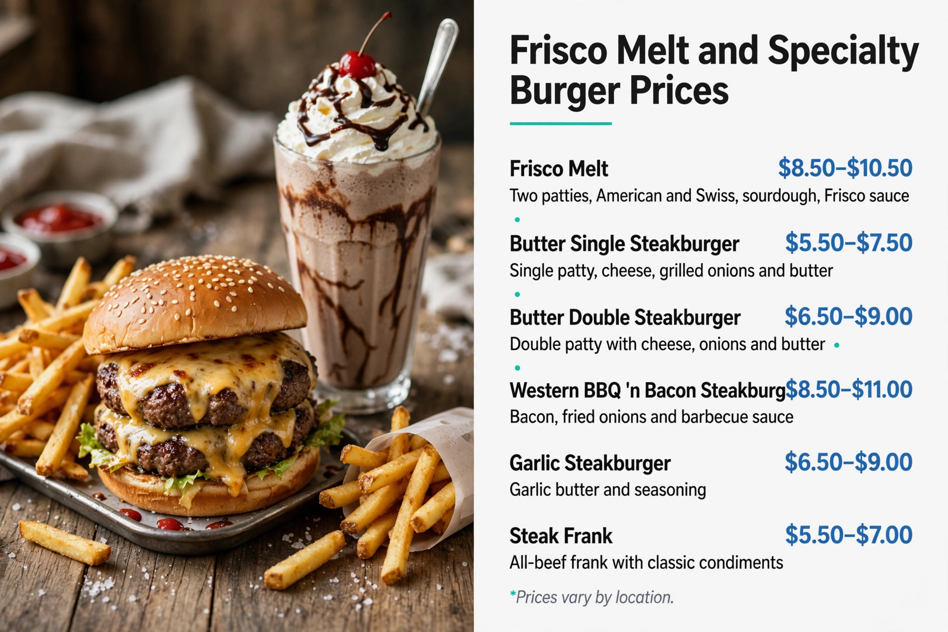 Steak n Shake Frisco Melt and specialty burger prices infographic, showing Frisco Melt $8.50-$10.50, Butter Steakburgers, Western BBQ n Bacon and Garlic Steakburger