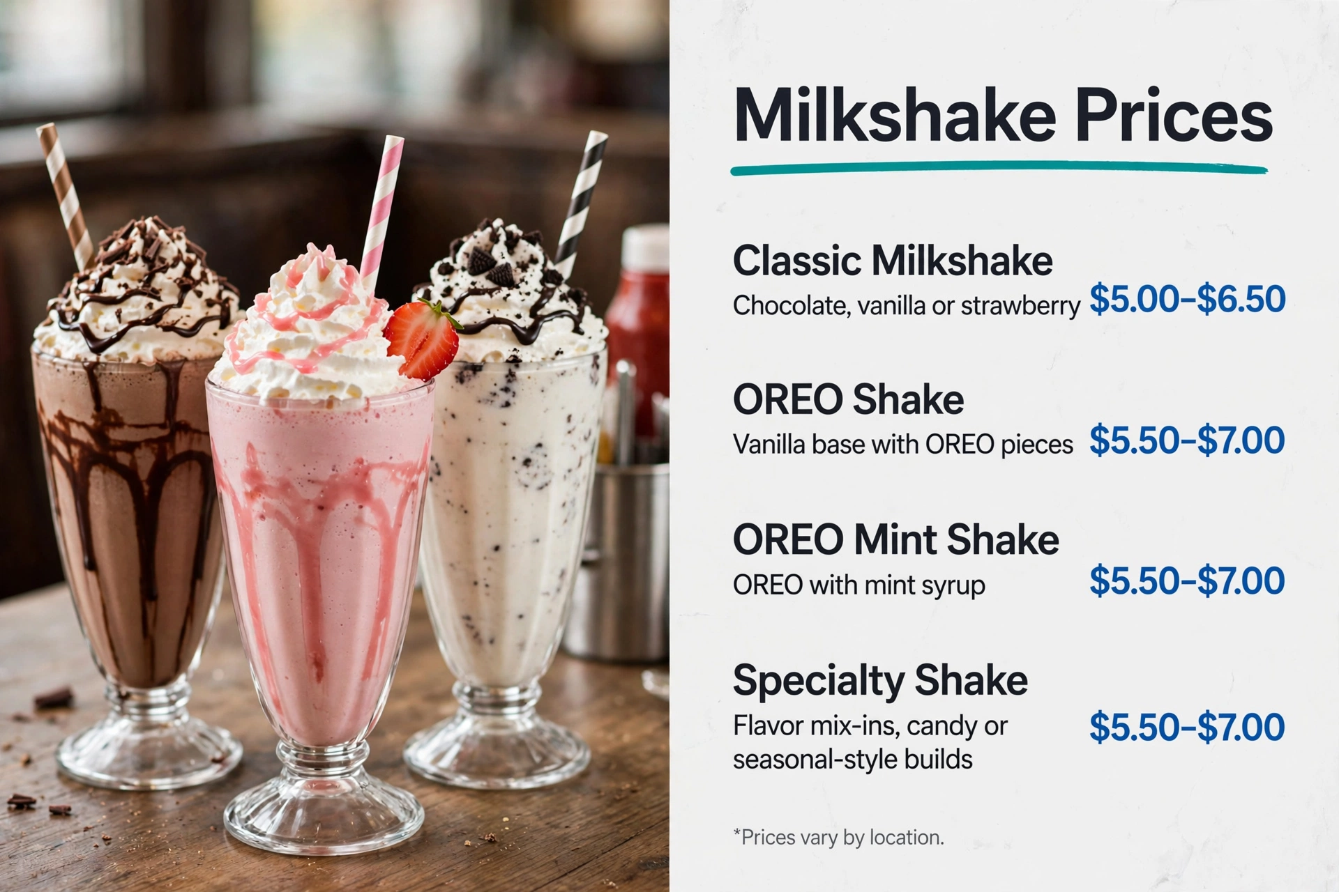 Steak n Shake milkshake prices infographic: Classic Milkshake $5.00-$6.50, OREO Shake $5.50-$7.00, OREO Mint Shake $5.50-$7.00, Specialty Shake $5.50-$7.00