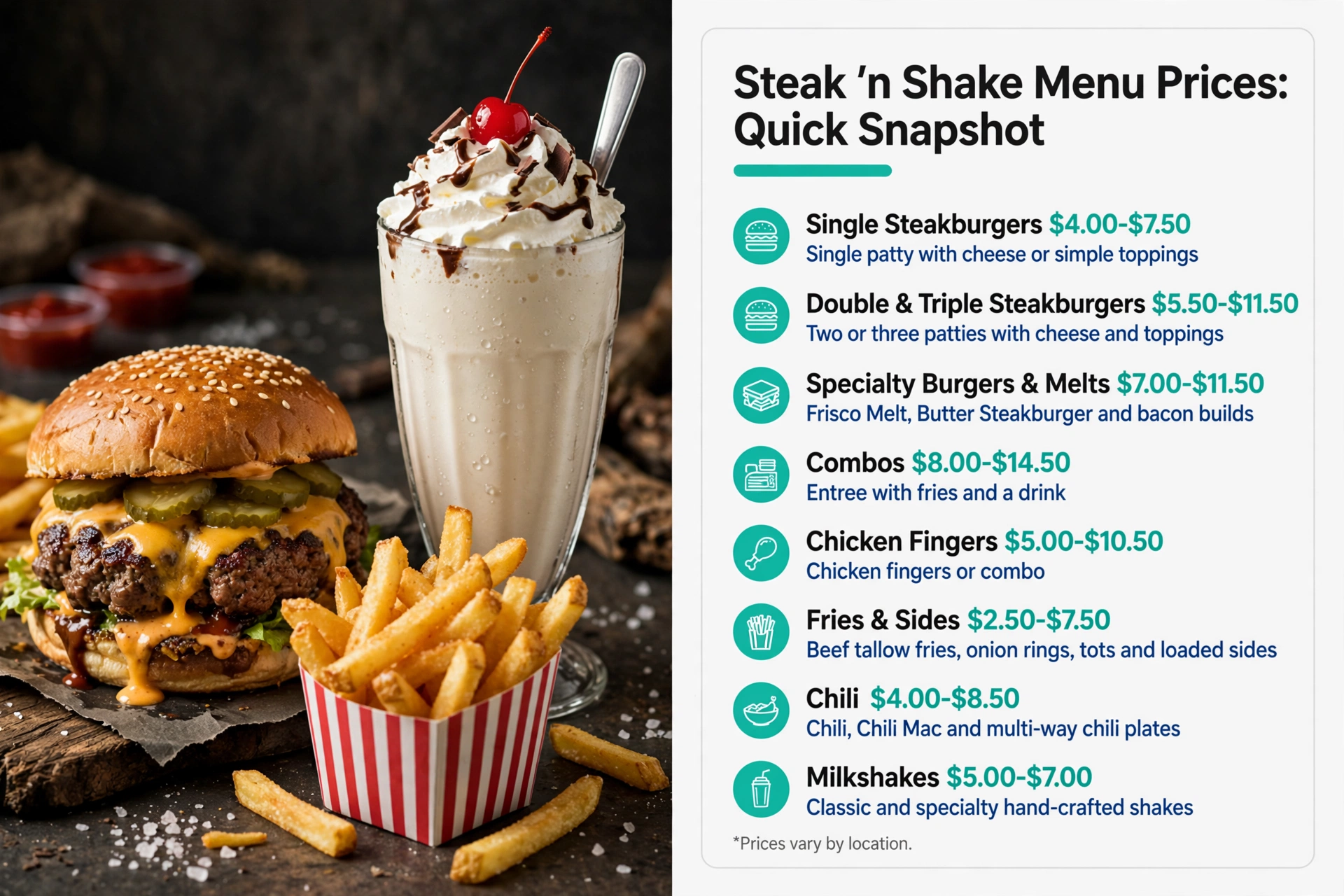 Steak n Shake menu prices quick snapshot infographic, showing all menu category price ranges from Single Steakburgers $4.00-$7.50 to Milkshakes $5.00-$7.00