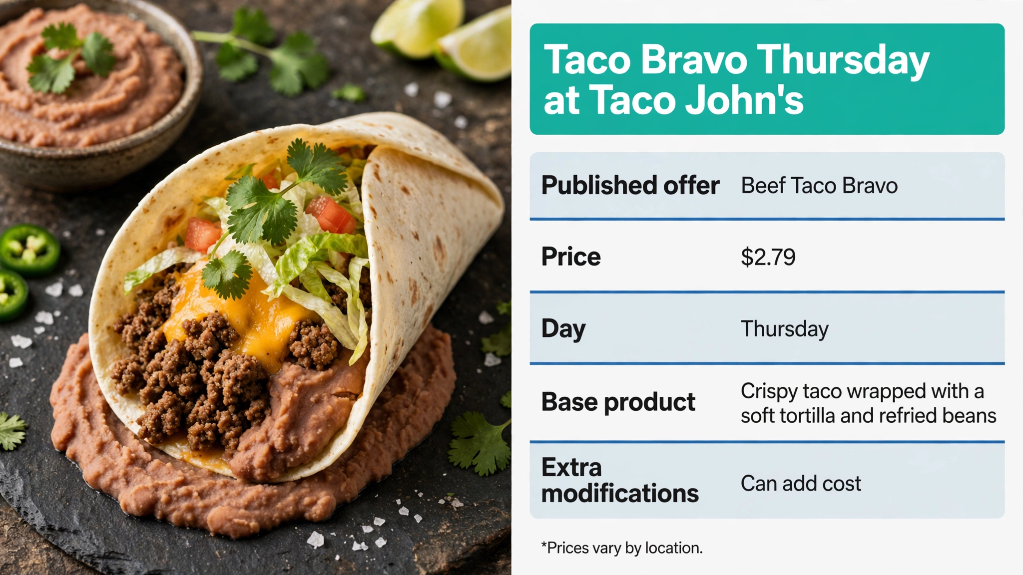 Taco John's Taco Bravo Thursday infographic: $2.79 Beef Taco Bravo details