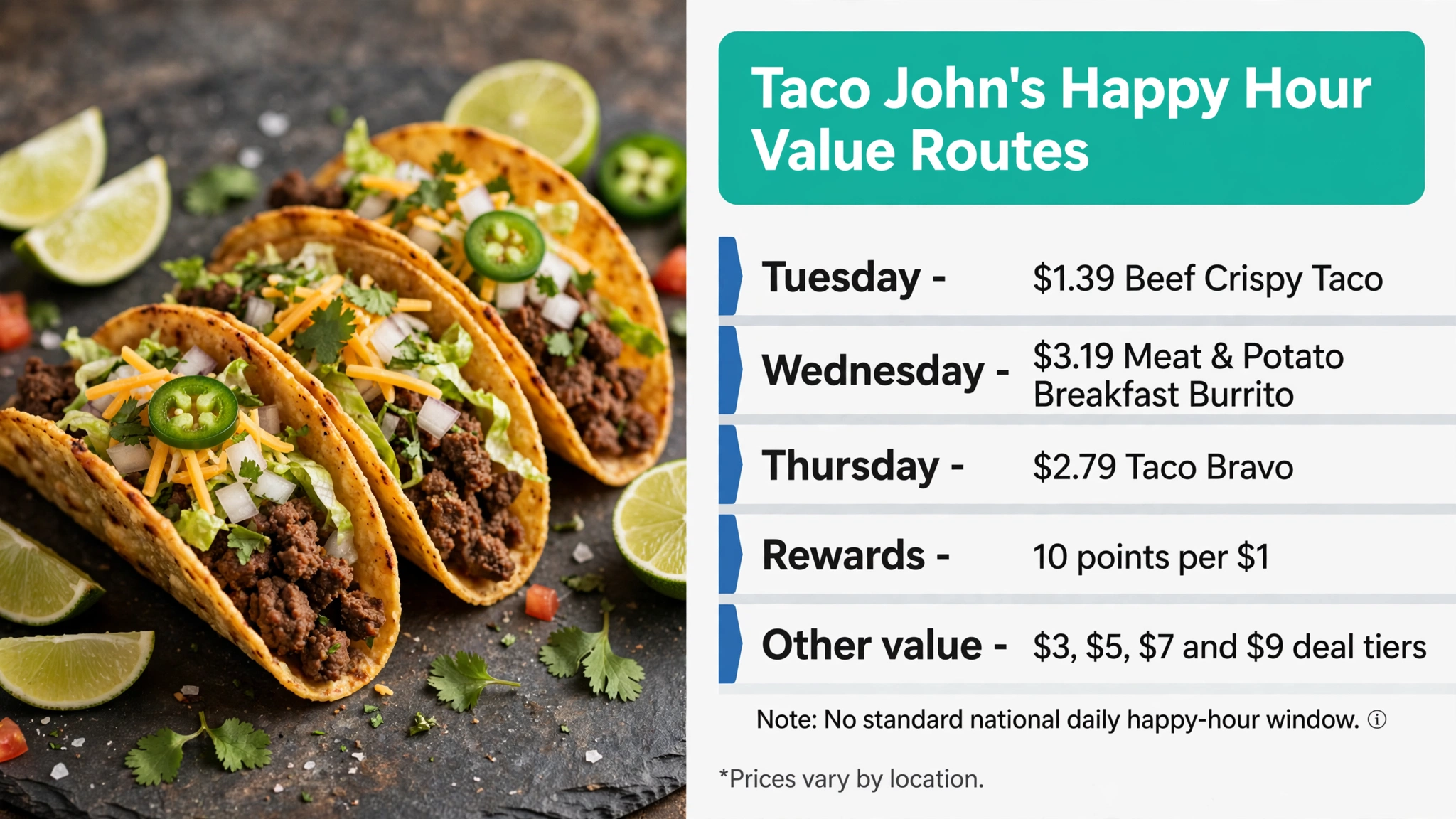 Taco John's happy hour value routes infographic: Tuesday $1.39 Beef Crispy Taco, Wednesday $3.19 breakfast burrito, Thursday $2.79 Taco Bravo, and 10 points per $1 rewards