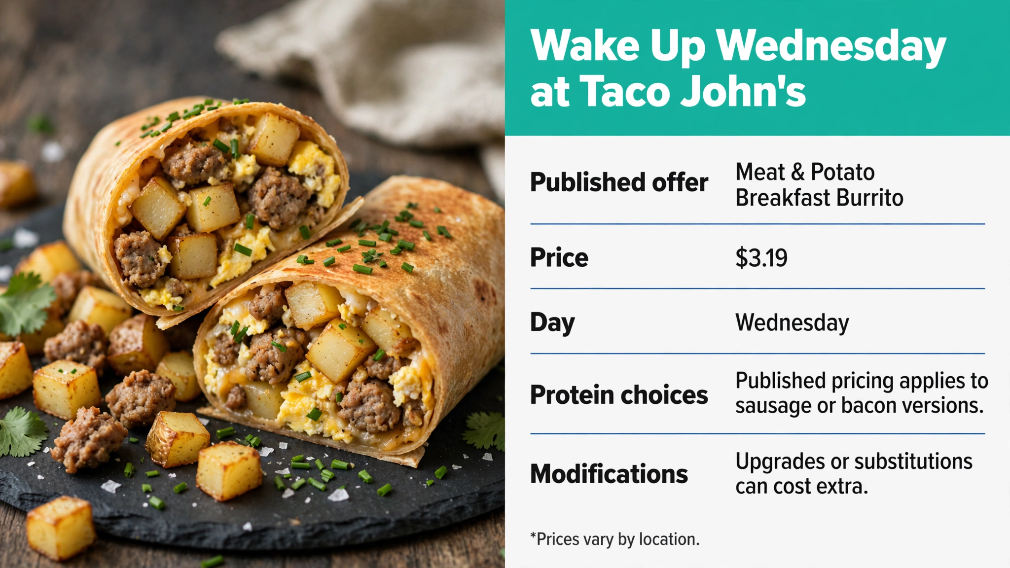 Taco John's Wake Up Wednesday infographic: $3.19 Meat and Potato Breakfast Burrito with sausage or bacon