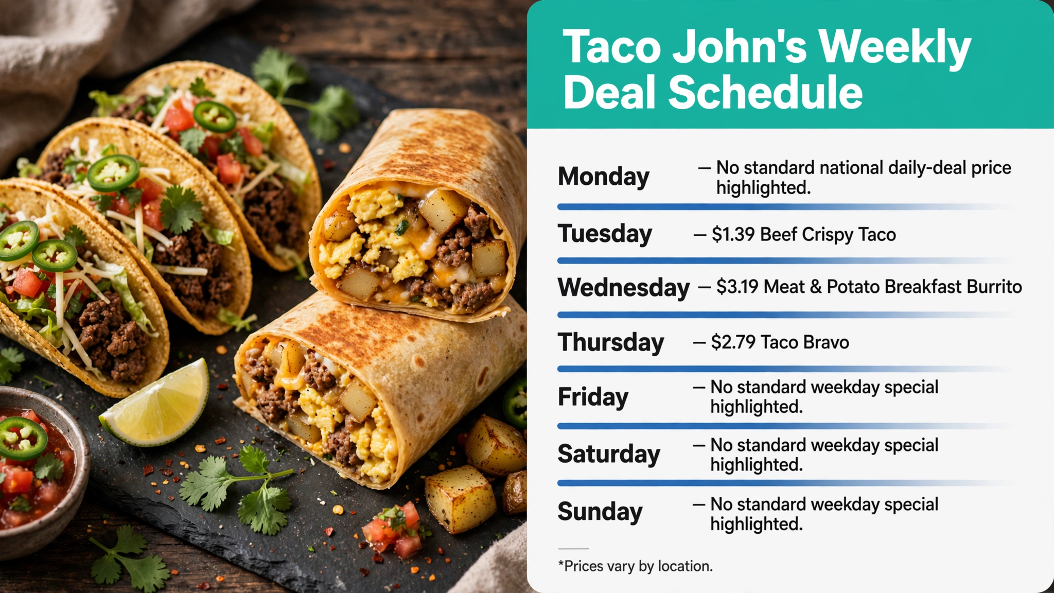 Taco John's weekly deal schedule infographic: Tuesday through Thursday specials