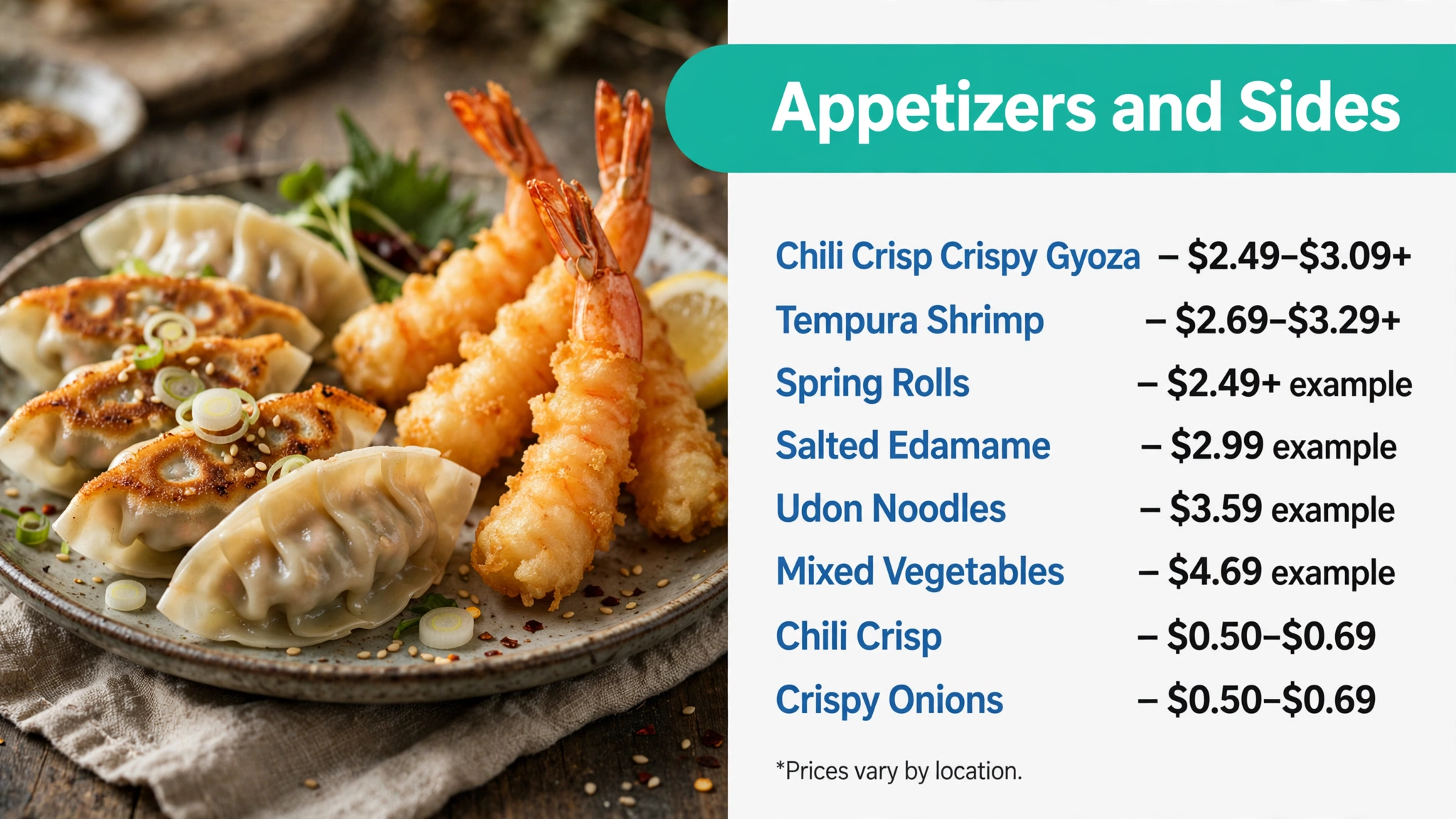 Infographic: Yoshinoya appetizers and sides with prices - gyoza, tempura shrimp, spring rolls, edamame