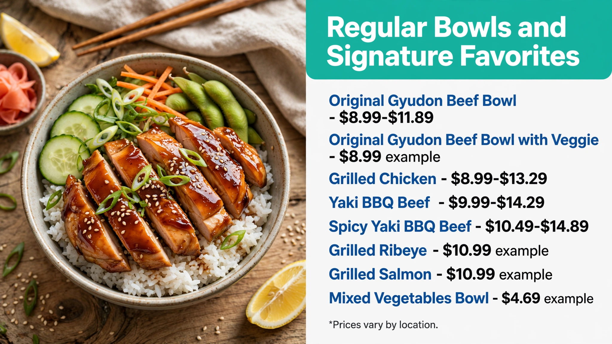 Infographic: Yoshinoya regular bowls and signature favorites with prices