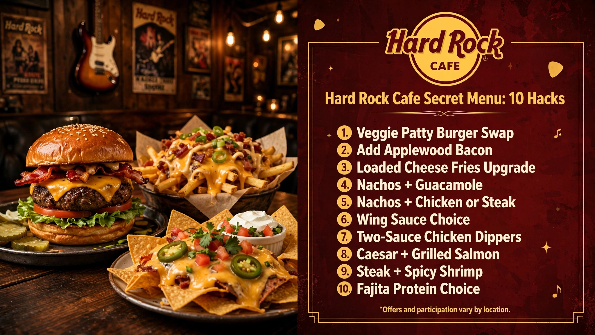 Hard Rock Cafe secret menu infographic: 10 hacks including Veggie Patty Burger Swap, Loaded Cheese Fries Upgrade, and Nachos upgrades