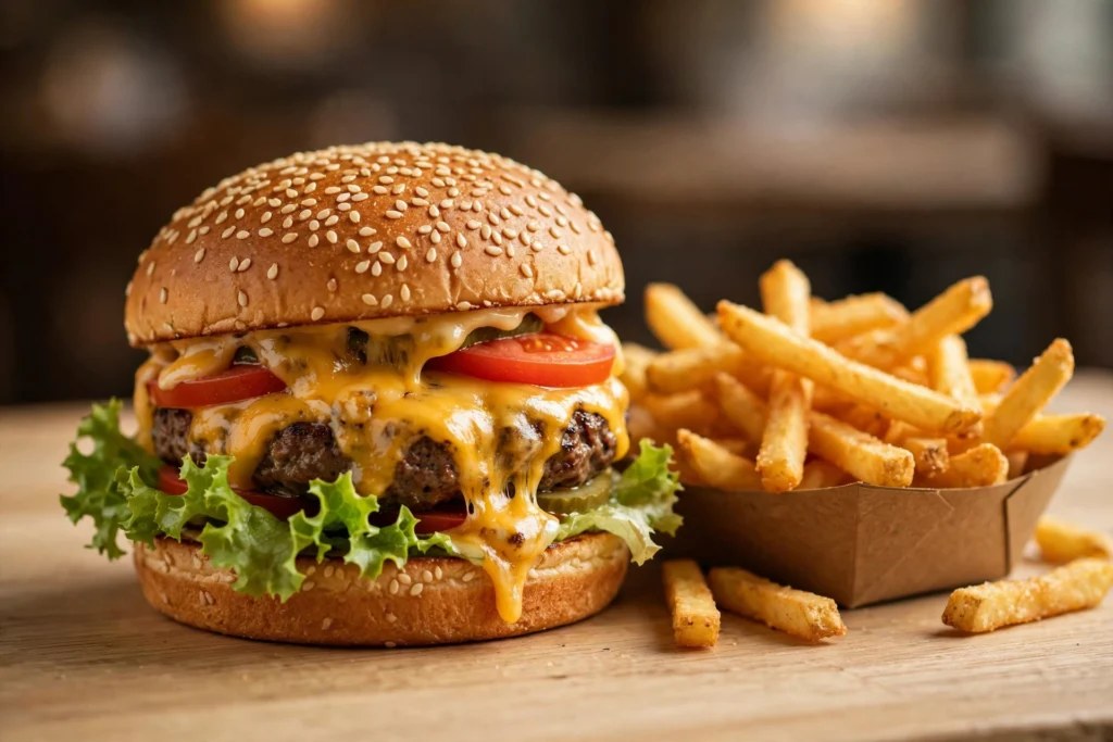 McDonald's juicy cheeseburger with crispy french fries