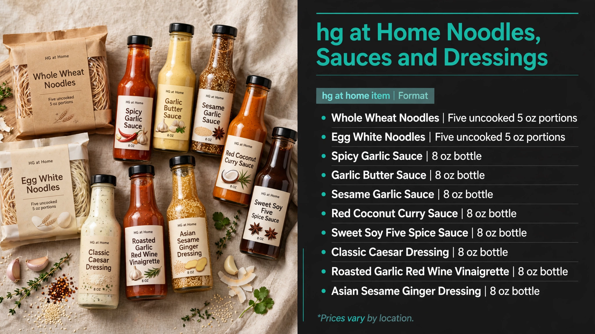 Infographic: Honeygrow hg at Home Noodles, Sauces and Dressings menu prices