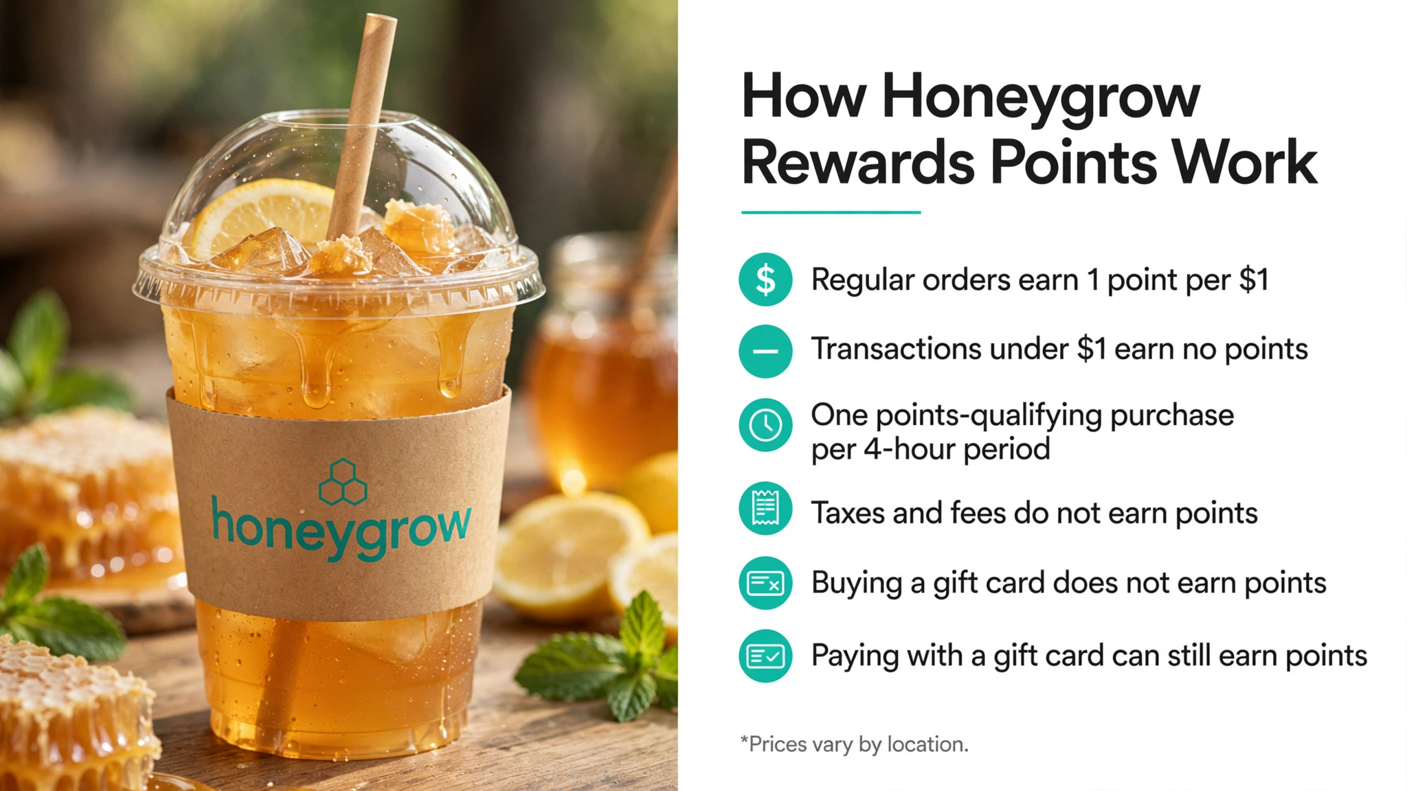 Honeygrow rewards points earning rules infographic