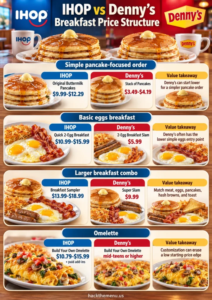 IHOP vs Denny's Breakfast Price Structure infographic comparing breakfast menu prices