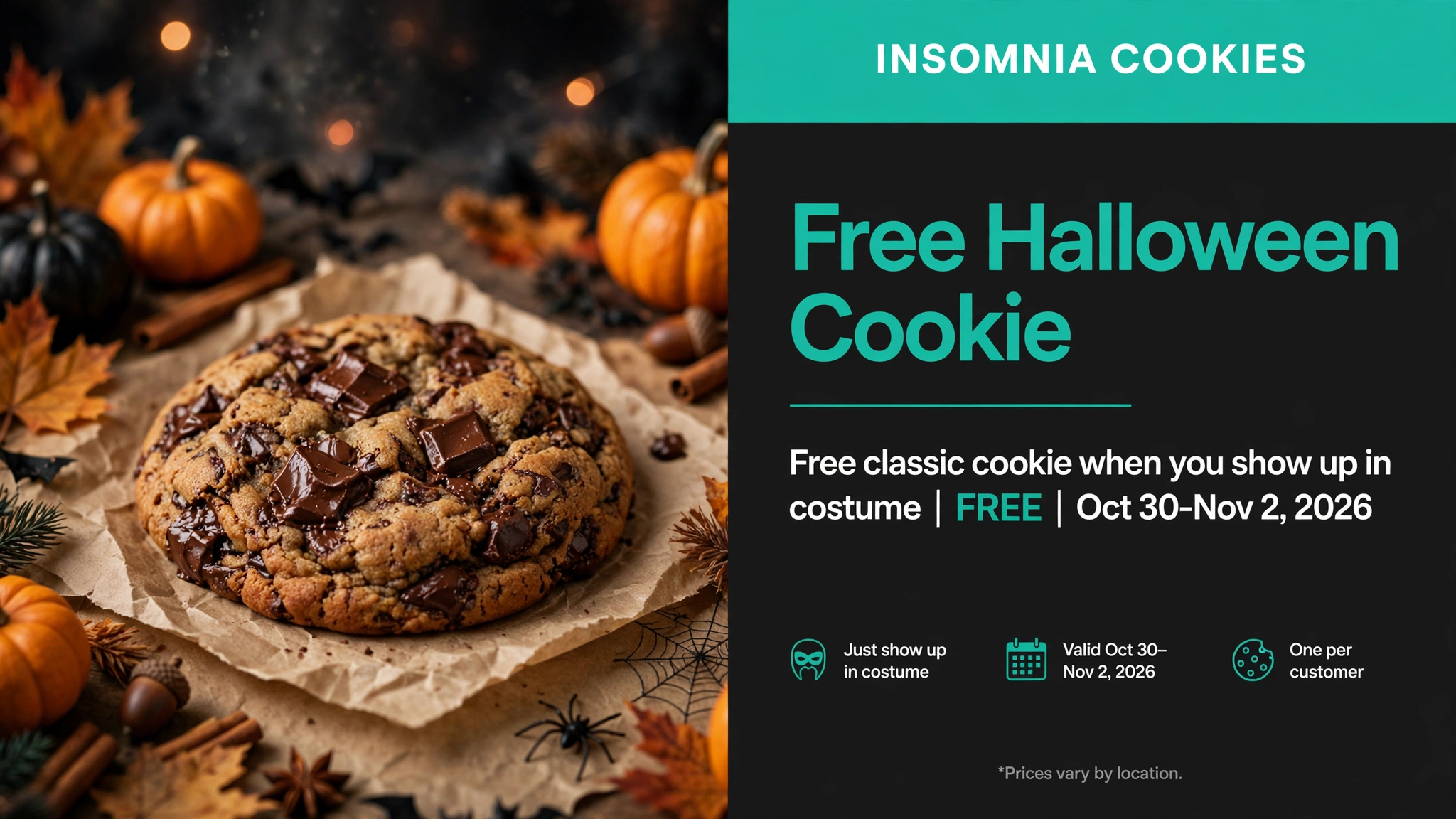 Insomnia Cookies Halloween free classic cookie in costume deal infographic